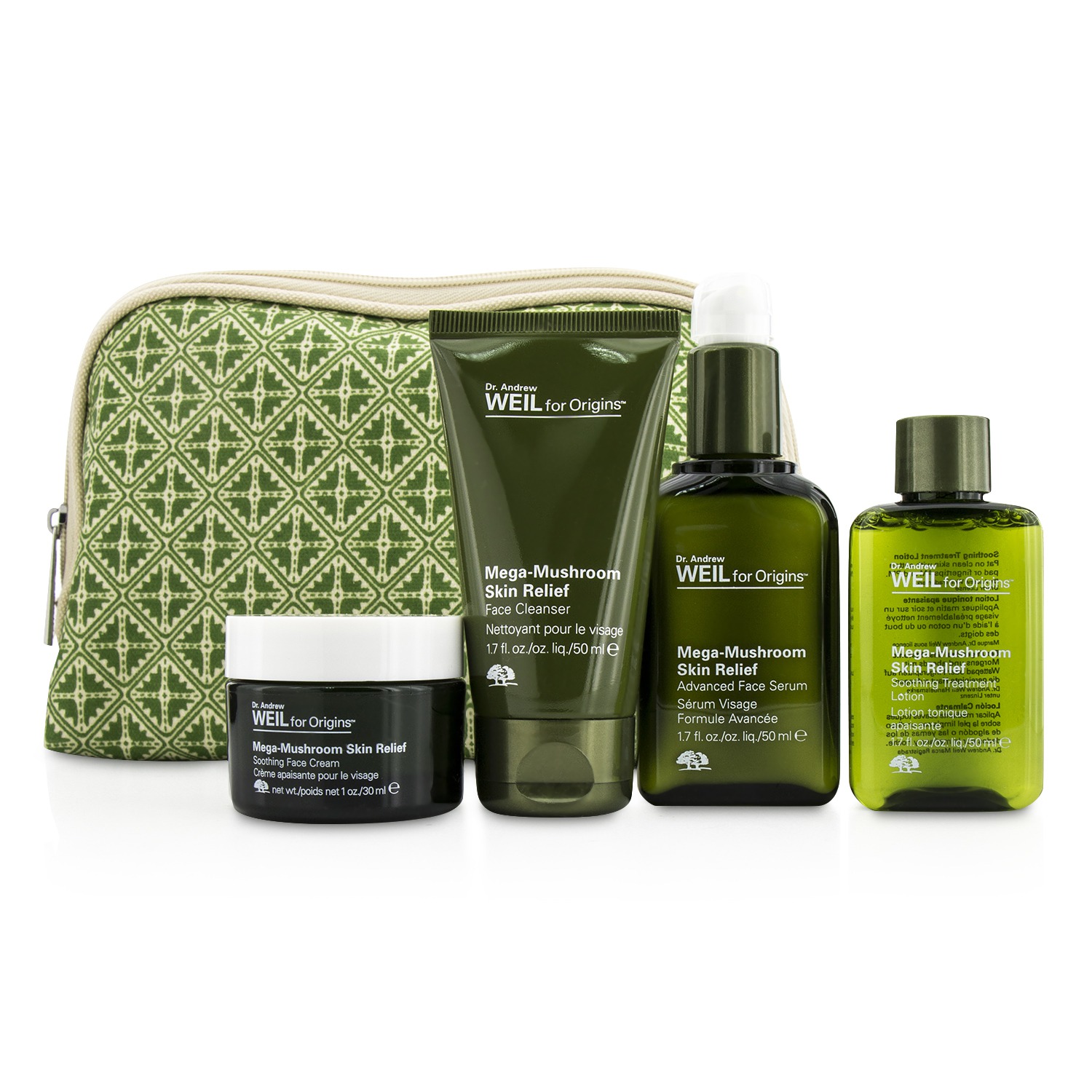 Origins Dr. Andrew Weil For Origins Mega Mushroom Skin Relief Set: Cleanser 50ml + Lotion 50ml + Serum 50ml + Cream 30ml + Bag 4pcs + 1bag