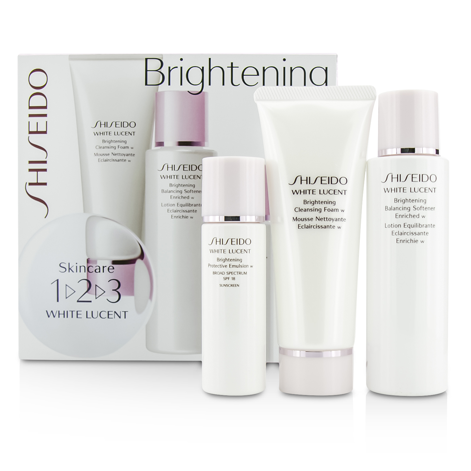 Shiseido White Lucent 1-2-3 Kit: Balancing Softener 100ml + Cleansing Foam W 75ml +Protective Emulsion W SPF 18 30ml 3pcs