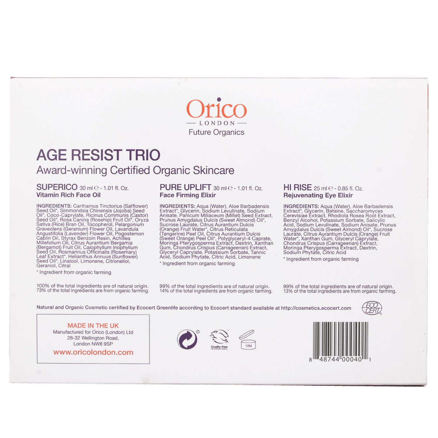 Orico London Sada proti stárnutí Age Resist Trio: obličejový olej 30ml/1.01oz + zpevňující elixír 30ml/1.01oz + oční elixír 25ml/0.85oz 3pcs