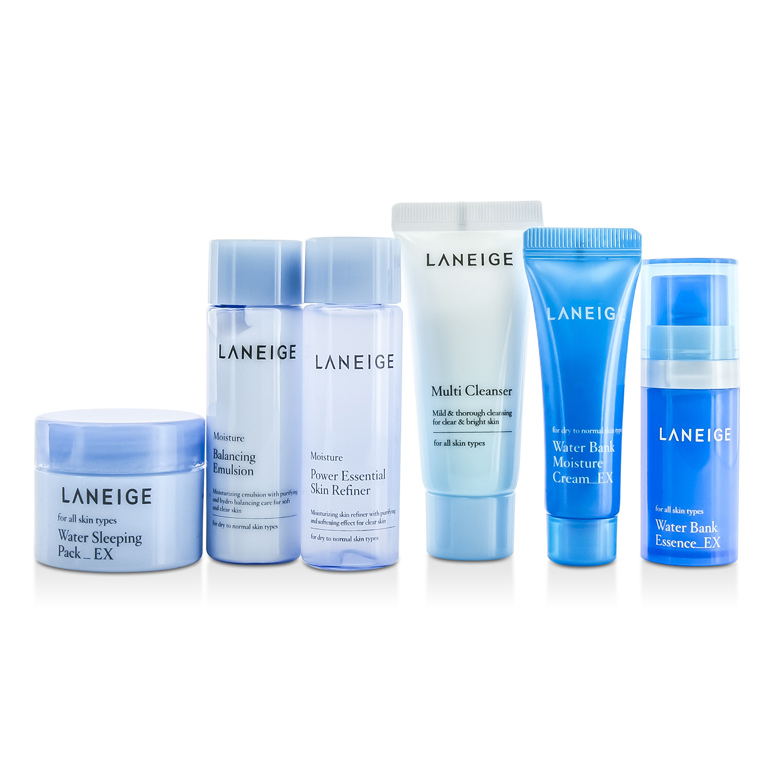 Laneige Travel Set: Cleanser20ml + Skin Refiner25ml + Emulsion25ml + Bank Essence10ml + Moisture Cream10ml + Sleep Pack15ml 6pcs+1bag