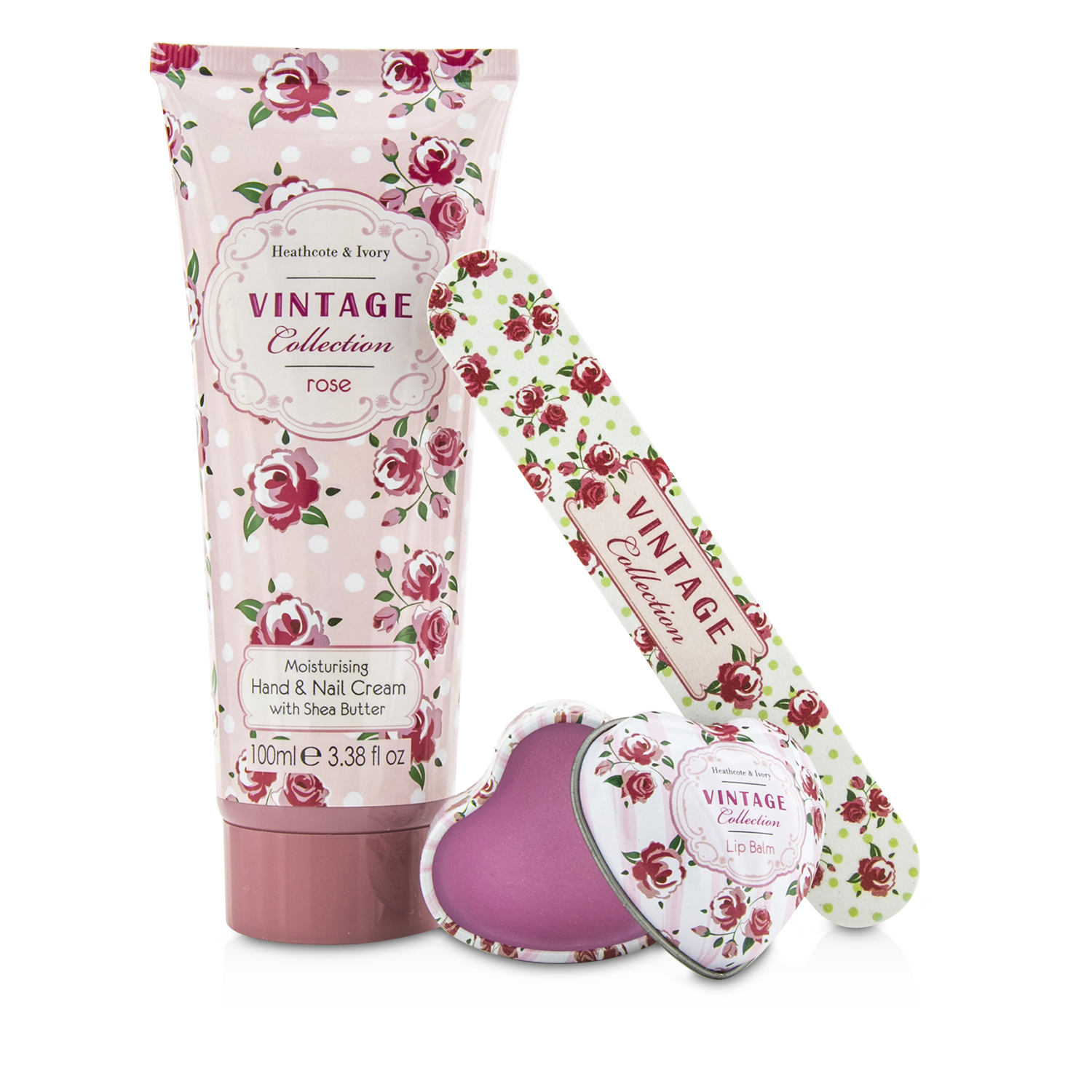 Heathcote & Ivory Vintage Rose Handbag Beauty Treats: Hand Cream 100ml + Lip Balm 14g + Nail File 3pcs