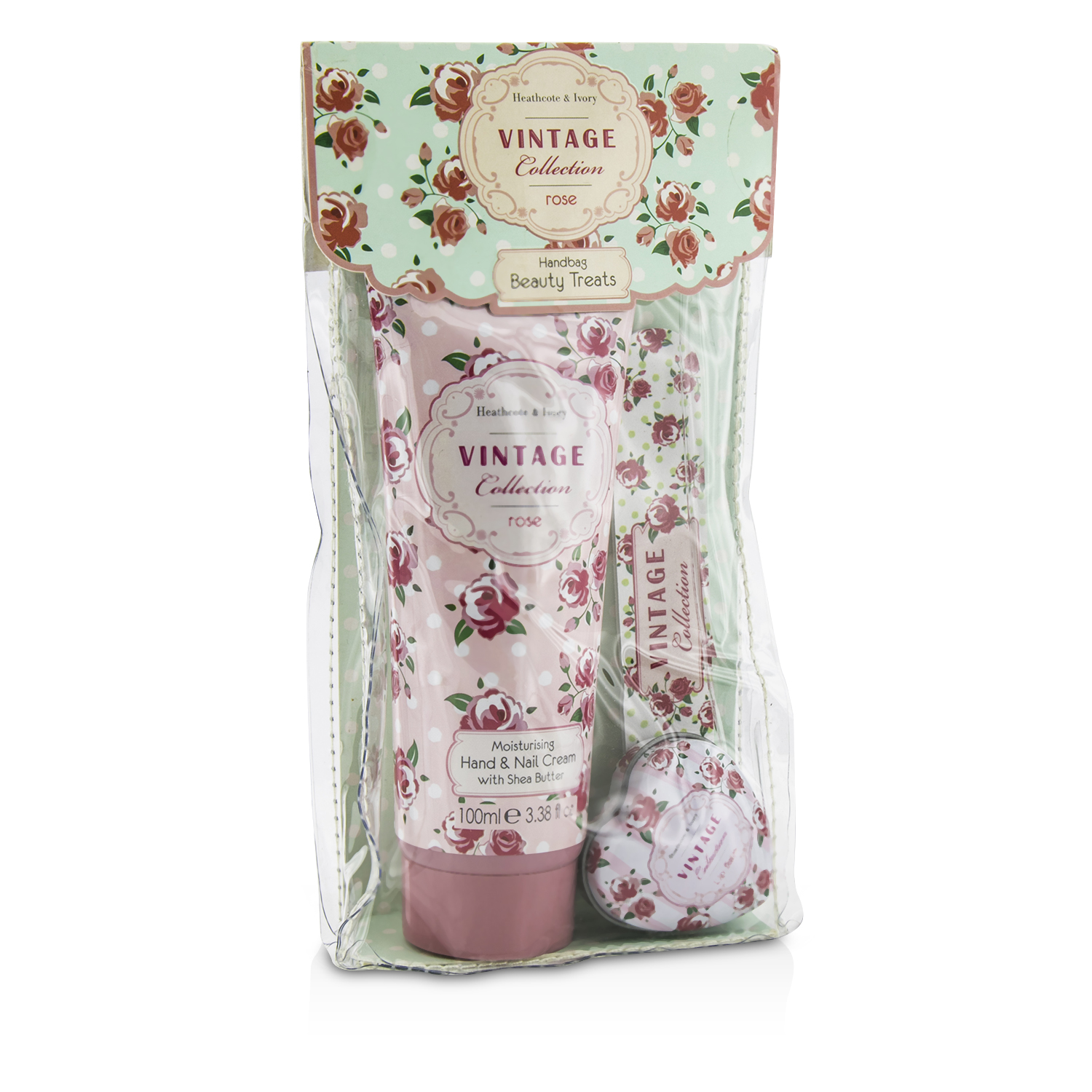 Heathcote & Ivory Vintage Rose Handbag Beauty Treats: Hand Cream 100ml + Lip Balm 14g + Nail File 3pcs