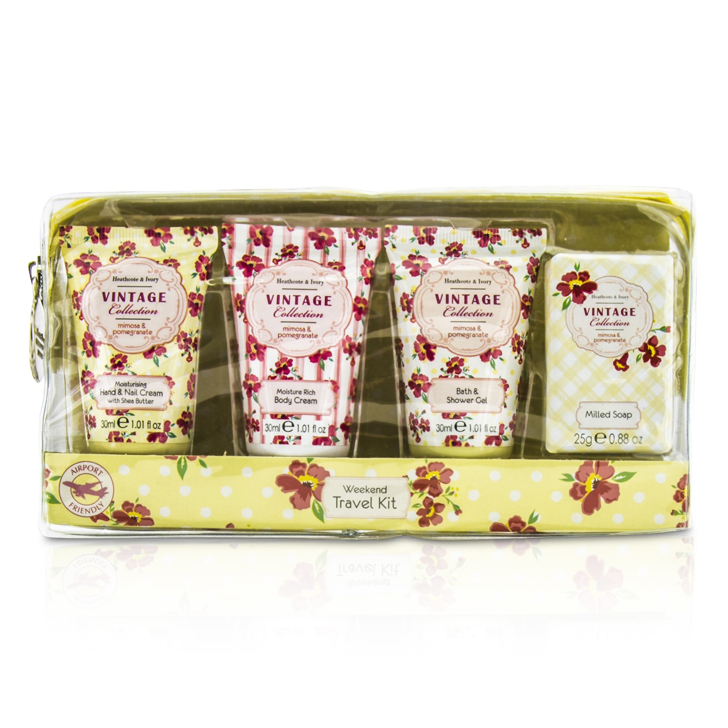 Heathcote & Ivory Vintage Mimosa & Pomegranate Weekend Travel Kit: Shower Gel 30ml/1.01oz + Body Cream 30ml/1.01oz + Hand Cream 30ml/1.01oz + Soap 25g/0.88oz 4pcs