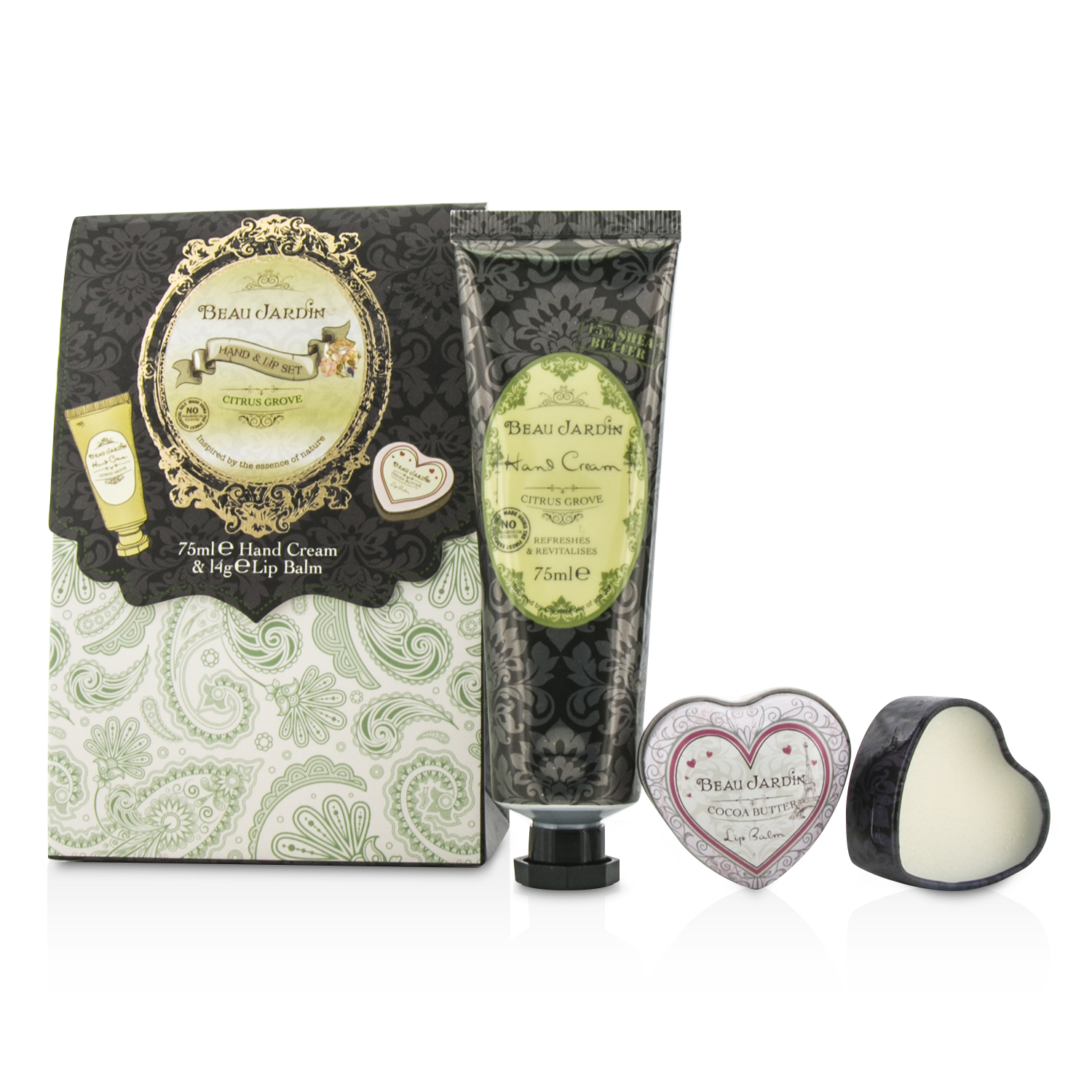 Heathcote & Ivory Beau Jardin Hand & Lip Set: Citrus Grove Hand Cream 75ml/2.5oz + Cocoa Butter Lip Balm 14g/0.49oz 2pcs