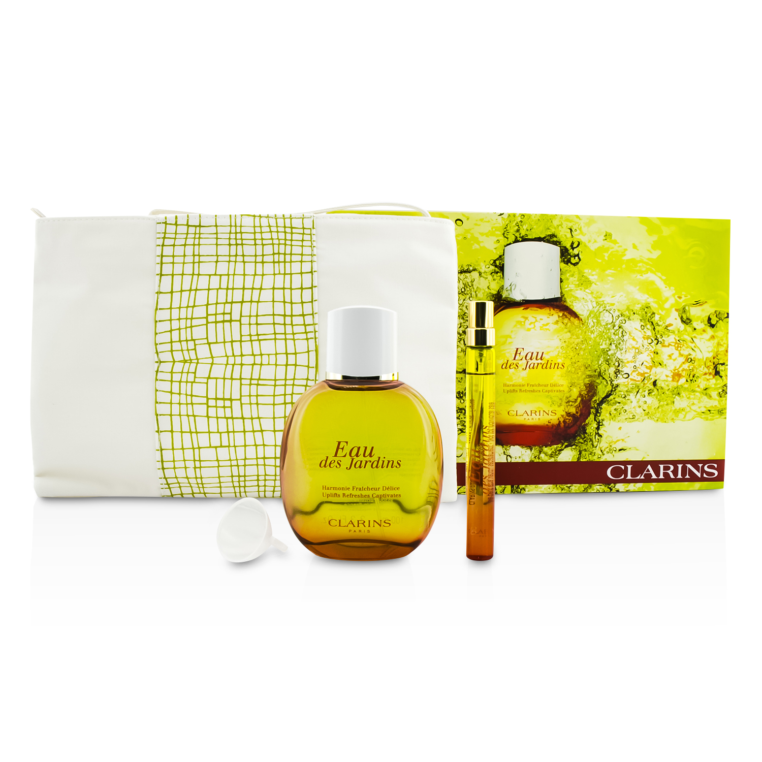 Clarins Eau Des Jardins Coffret: Fragrance Spray 100ml/3.3oz + Refillable Spray 10ml/0.3oz + Refill Funnel + Bag 3pcs+1bag