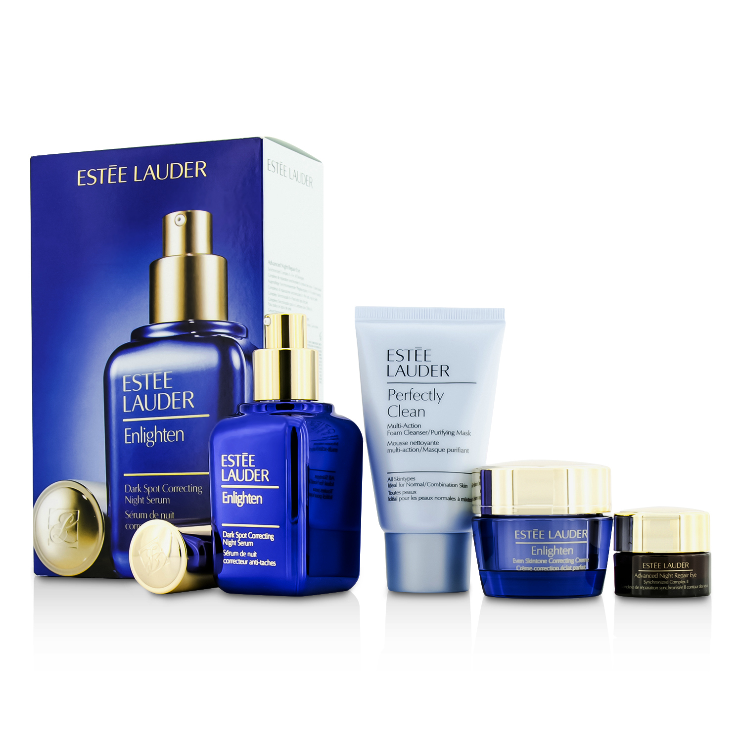 Estee Lauder Skintone/Spot Correction Set: Enlighten Serum 50ml + Creme 15ml + ANR Eye Complex II 5ml + Perfectly Clean 30ml 4pcs