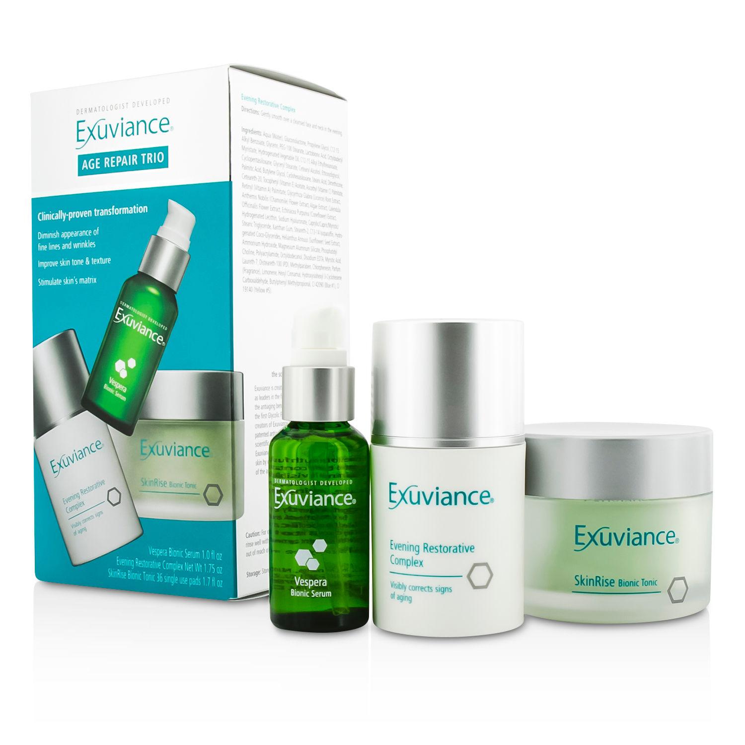 Exuviance Age Repair Trio Set: Vespera Bonic Serum + SkinRise Bionic Tonic + Evening Restorative Complex 3pcs