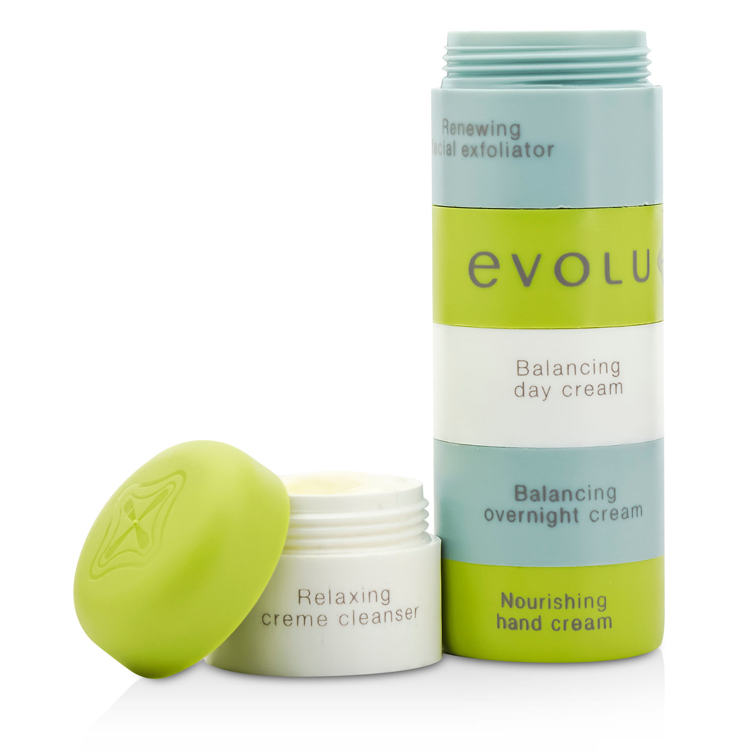 Evolu Travel Tower: Cleanser + Exfoliator + Eye Gel + Day Cream + Night Cream + Hand Cream 6x10ml/0.33oz
