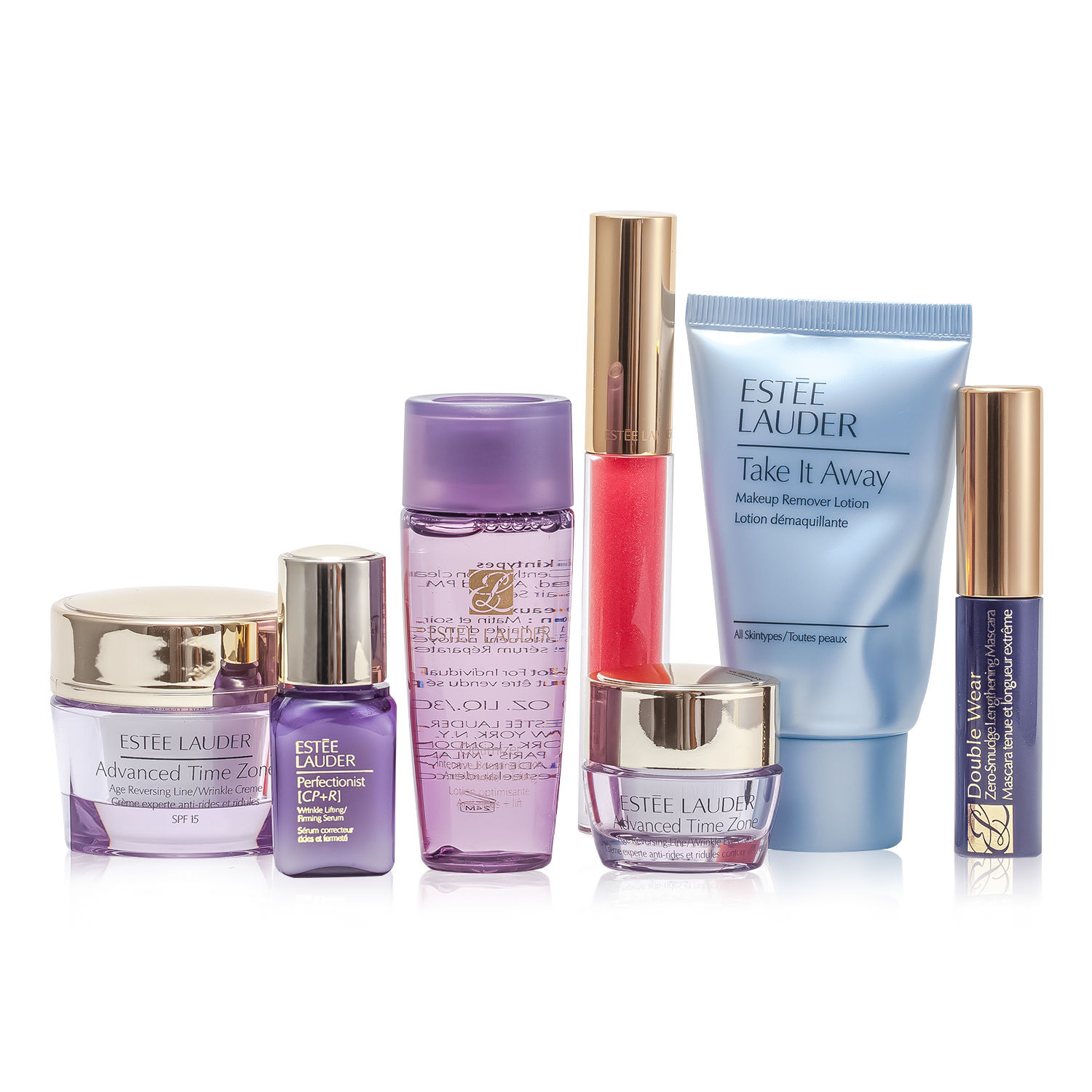 Estee Lauder Travel Set: Makeup Remover 30ml + Optimizer 30ml + Day Cream 15ml + Serum 7ml + Eye Cream 5ml + Mascara #01 + Lip Gloss #30 7pcs