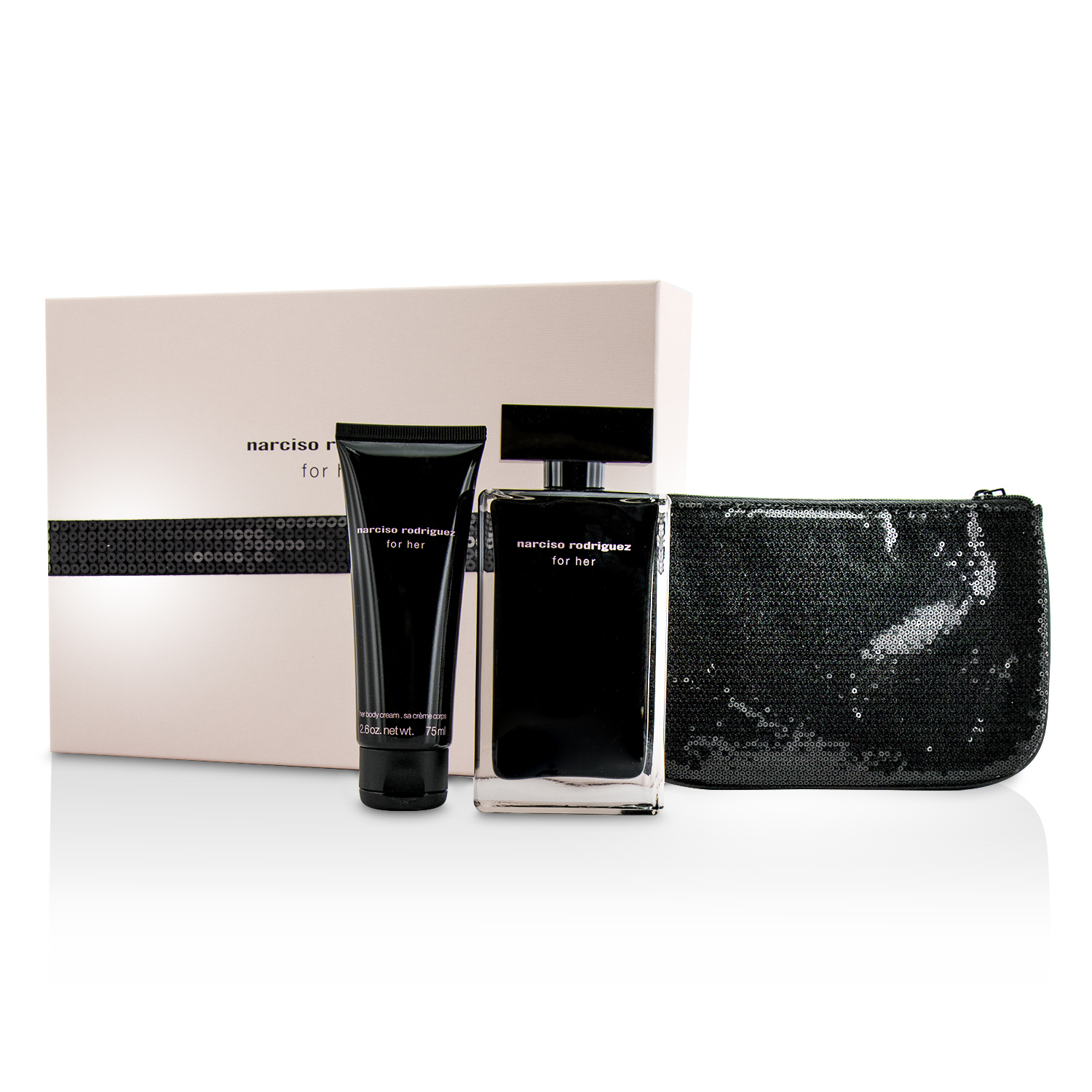 Narciso Rodriguez For Her Coffret: Eau De Toilette Spray 100ml/3.3oz + Body Cream 75ml/2.6oz + Pouch 2pcs+1pouch