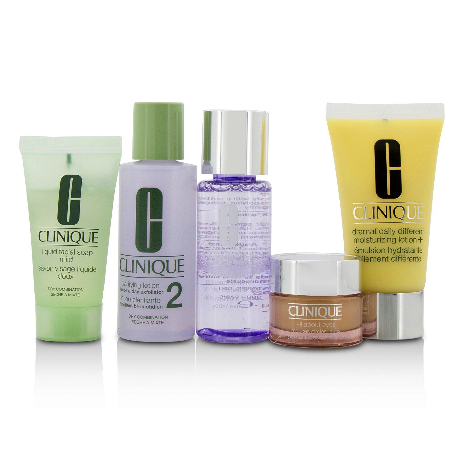 Clinique Daily Essentials Set (Dry Combination): All About Eyes 15ml + Liquid Soap 30ml + MakeUp Remover 50ml + Clarifying Lotion 2 60ml + DDML+ 50ml 5pcs
