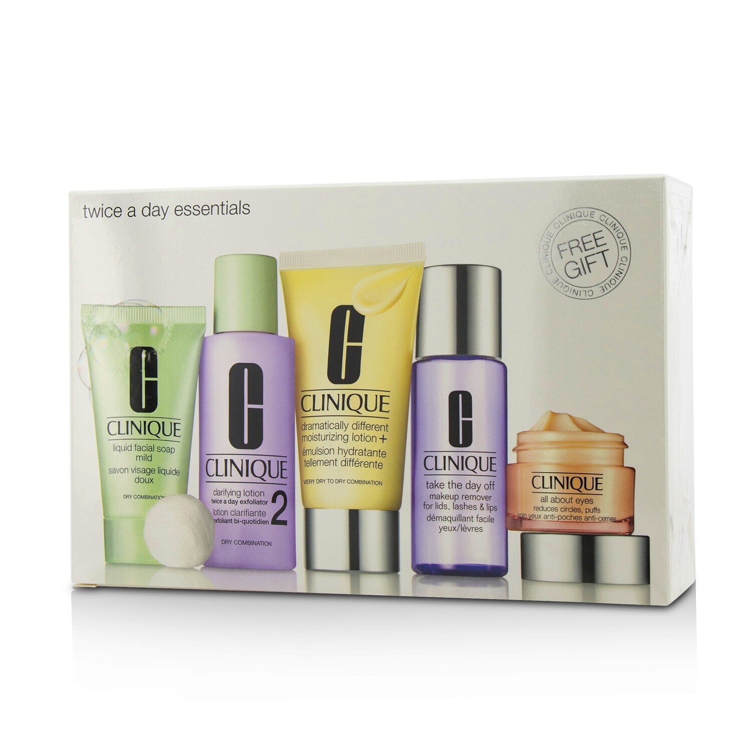 Clinique Daily Essentials Set (Dry Combination): All About Eyes 15ml + Liquid Soap 30ml + MakeUp Remover 50ml + Clarifying Lotion 2 60ml + DDML+ 50ml 5pcs