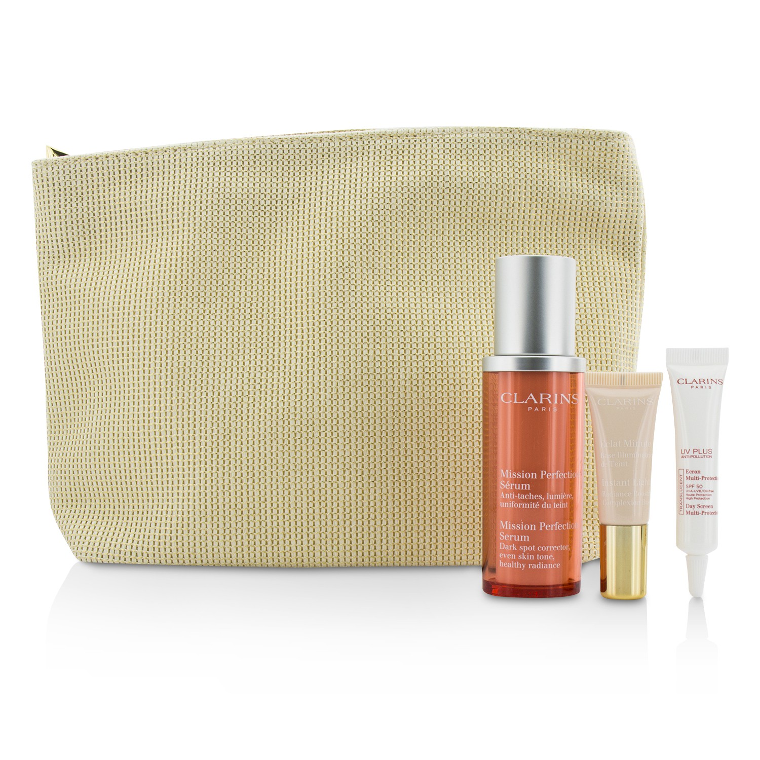 Clarins Skin-Perfecting Expert Set: Mission Perfecting Serum 30ml + UV Plus SPF 50 10ml + Instant Light Base #01 10ml + Bag 3pcs+1bag