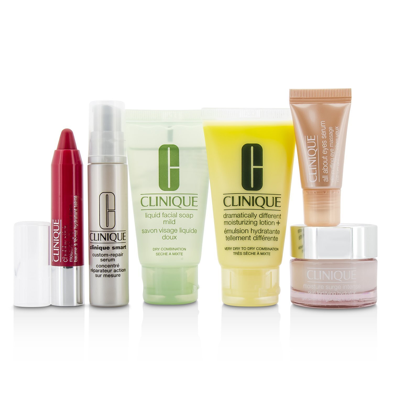 Clinique ชุดเดินทาง Travel Set:สบู่ Facial Soap 30ml + DDML+ 30ml + Moisture Surge Intense 15ml + เซรั่ม Smart Serum 10ml +เซรั่มทาตา Eye Serum 5ml + ลิปสติก Chubby Stick #05 6pcs