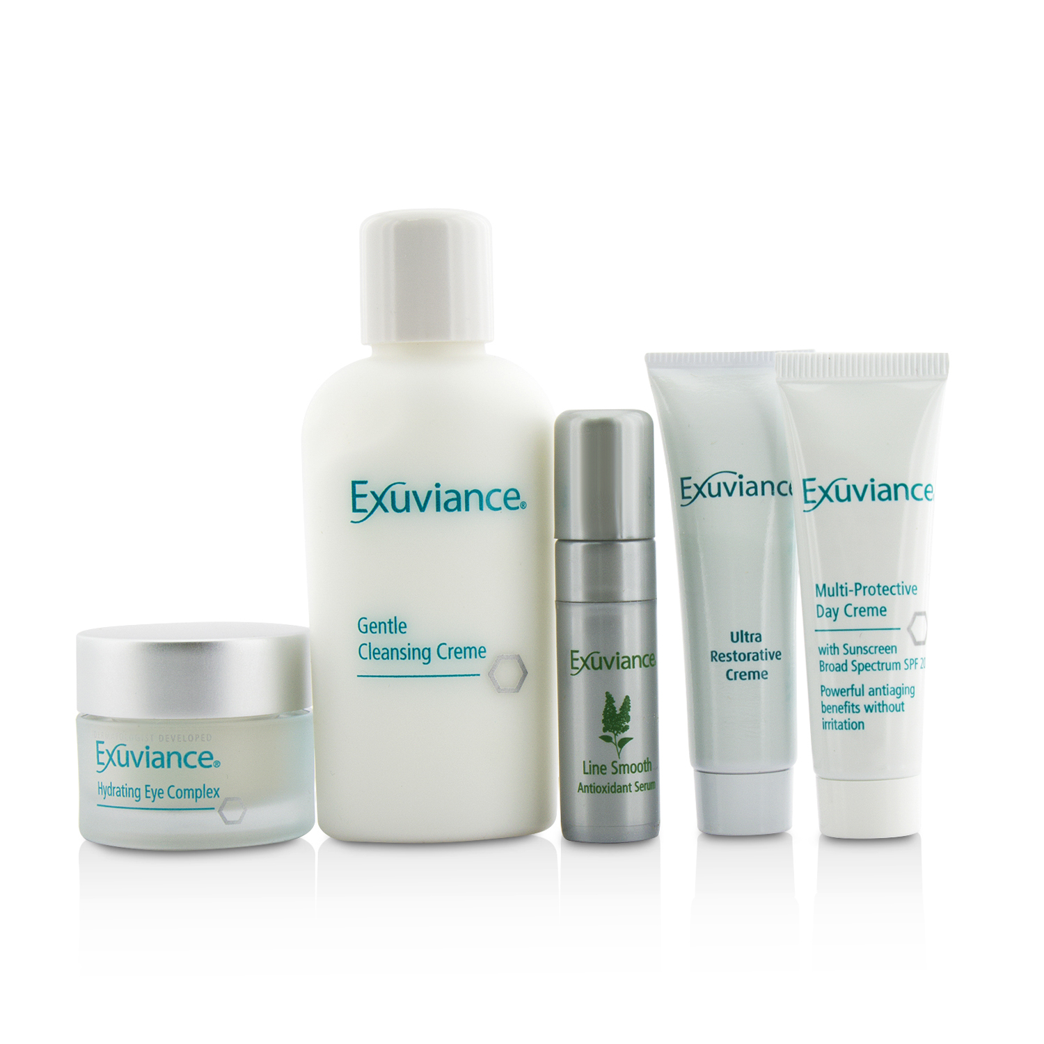 Exuviance Essentials Kit (Sensitive/ Dry): Cleansing Creme + Eye Complex + Day Creme + Restorative Creme + Antioxidant Serum 5pcs