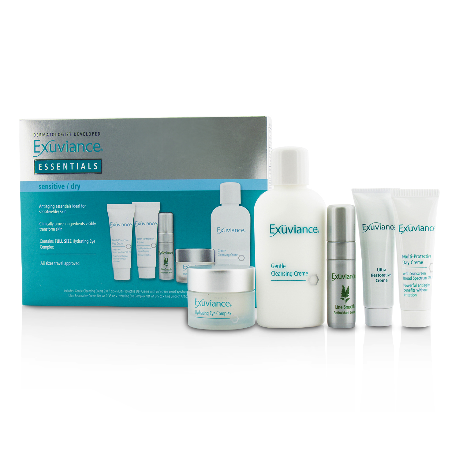 Exuviance Essentials Kit (Sensitive/ Dry): Cleansing Creme + Eye Complex + Day Creme + Restorative Creme + Antioxidant Serum 5pcs