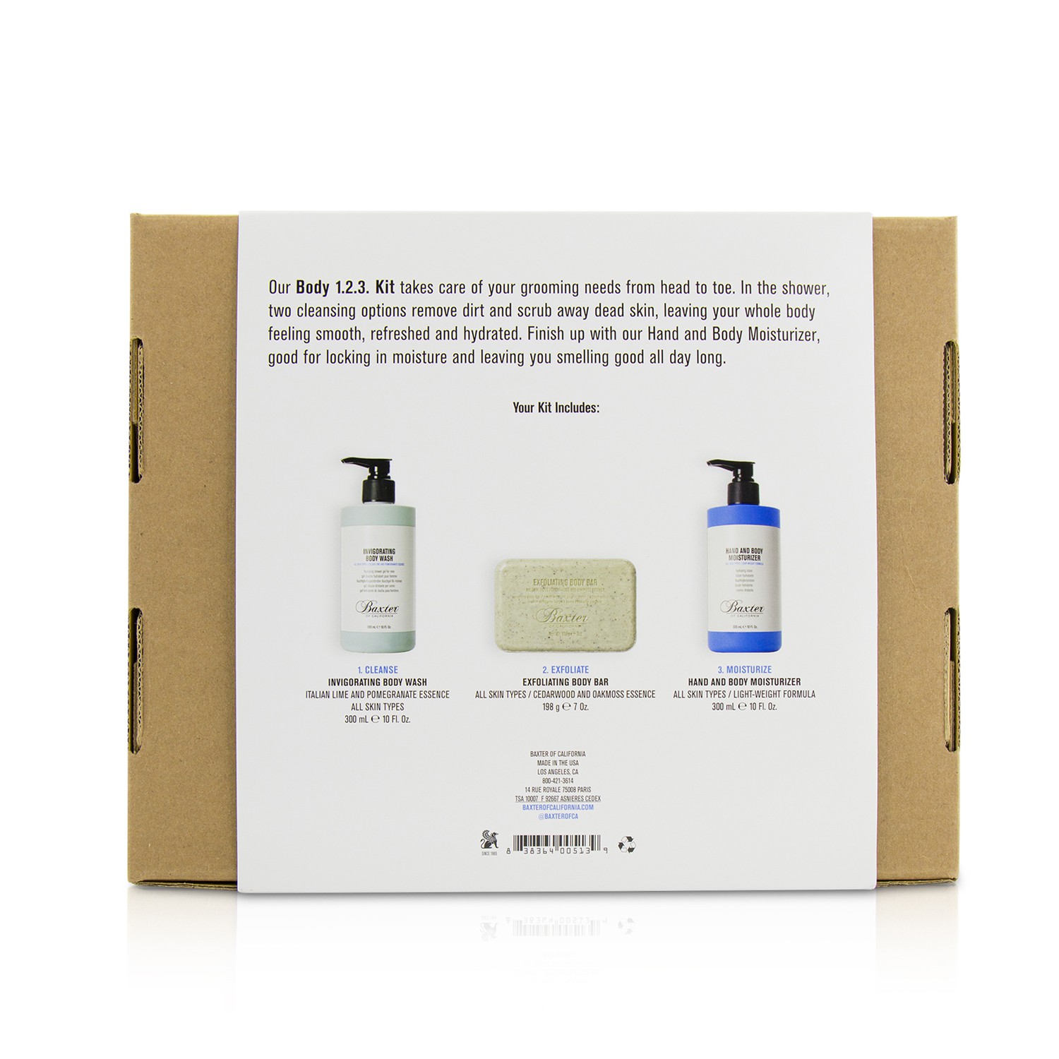 Baxter Of California Body 1.2.3 Kit: Body Wash 300ml + Hand & Body Moisturizer 300ml + Body Bar 198g 3pcs