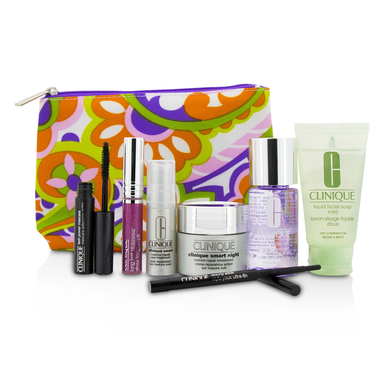 Clinique Travel Set: Make Up Remover+Liquid Facial Soap+Cream+Eye Treatment+Skinny Stick+Mascara+Lip Gloss+Bag 7pcs+1bag