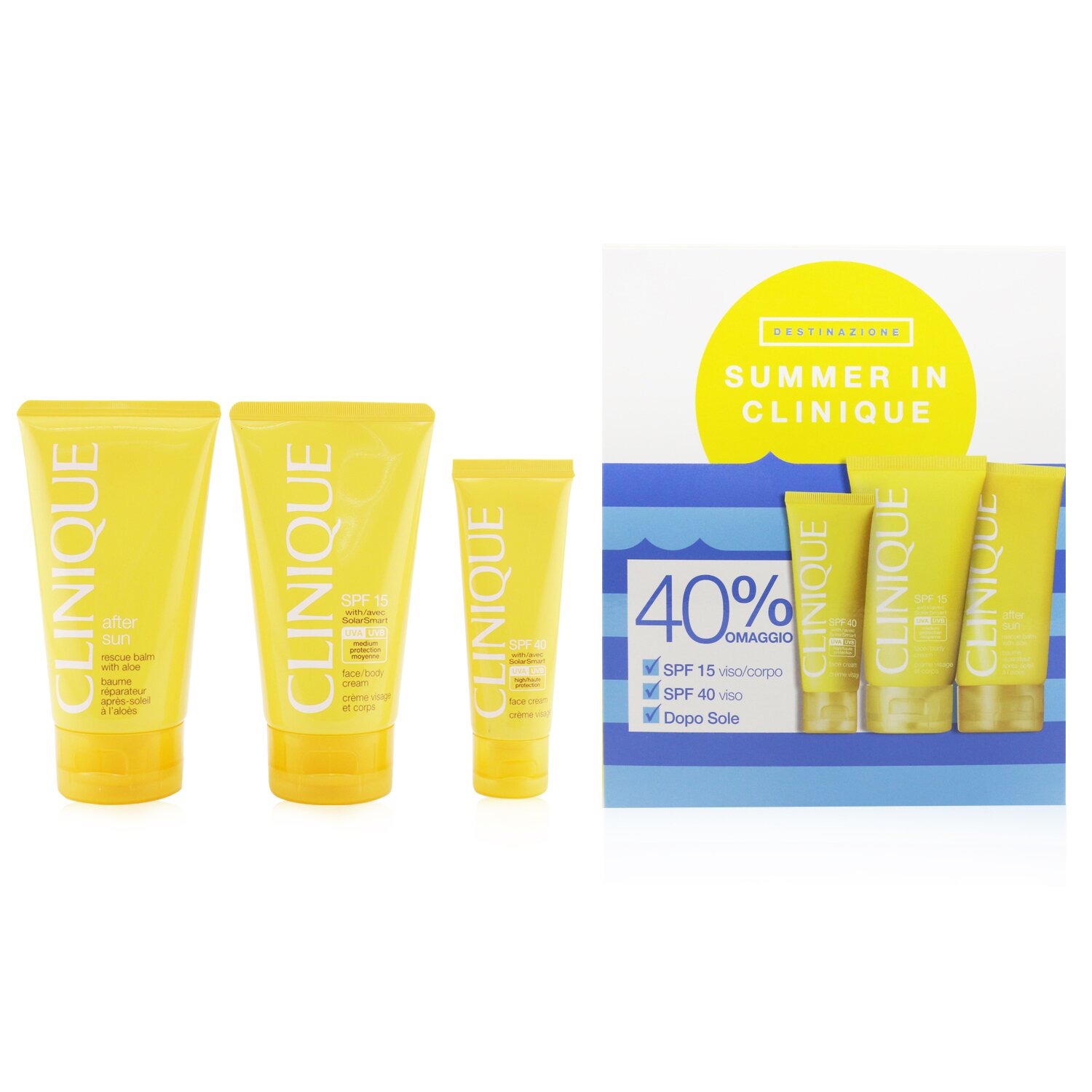 Clinique Summer In Clinique Coffret: Crema Facial SPF 40 50ml+ Crema Facial/Corporal SPF 15 150ml + Bálsamo Con Áloe Rescate Para Después del Sol 150ml 4pcs