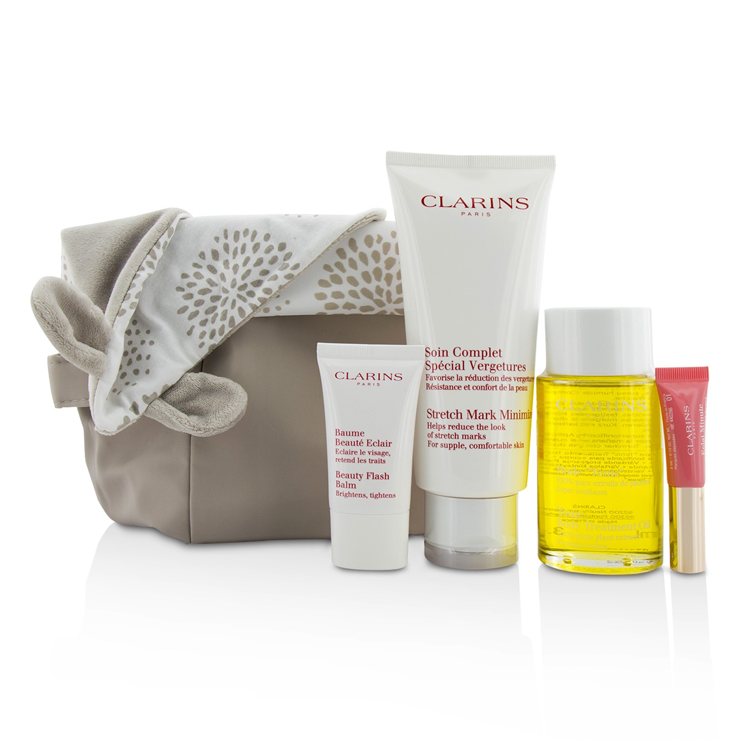 Clarins מארז יפה בהריון: Stretch Mark Minimizer 200ml+ Body Oil שמן גוף 100ml+ Flash Balm 15ml + Lip Perfector 5ml + Bag 4pcs+1bag