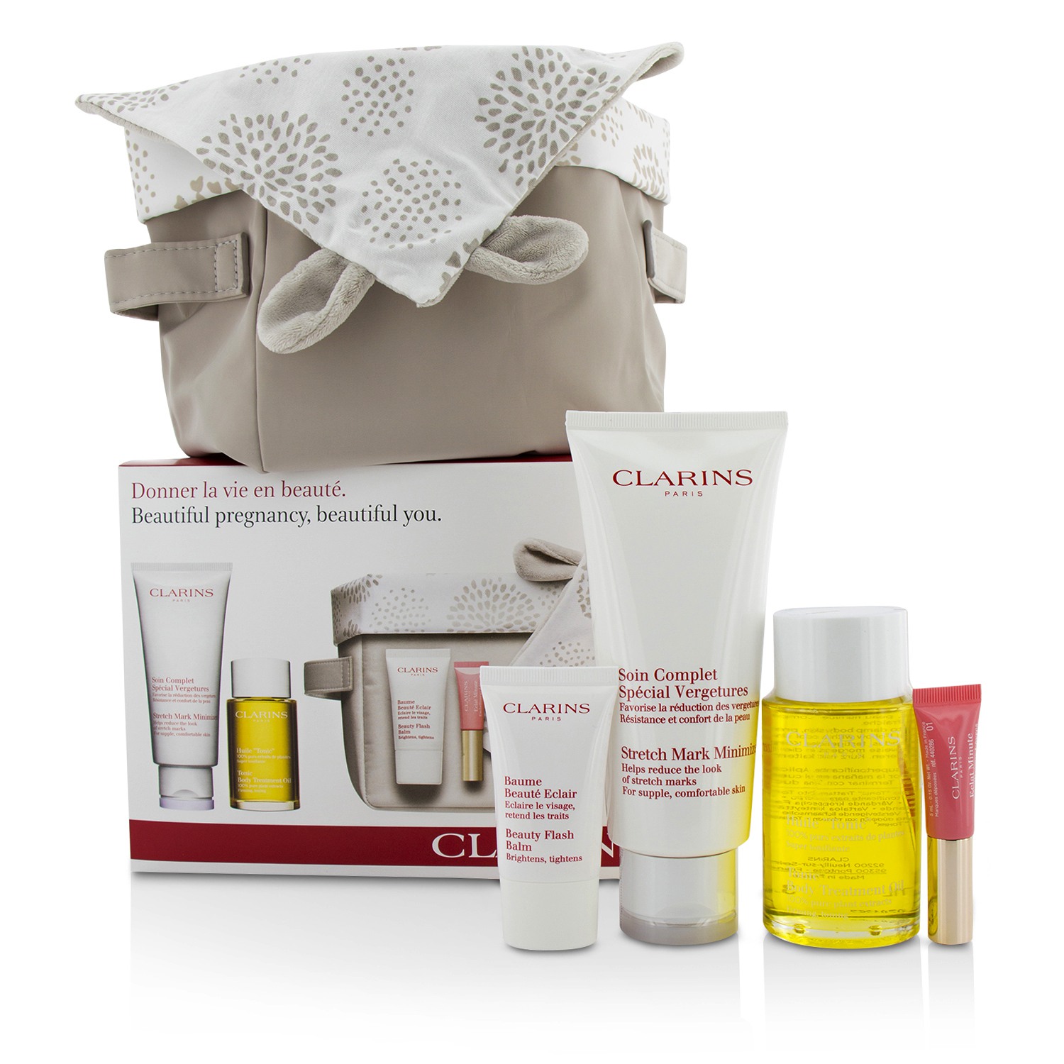 Clarins מארז יפה בהריון: Stretch Mark Minimizer 200ml+ Body Oil שמן גוף 100ml+ Flash Balm 15ml + Lip Perfector 5ml + Bag 4pcs+1bag
