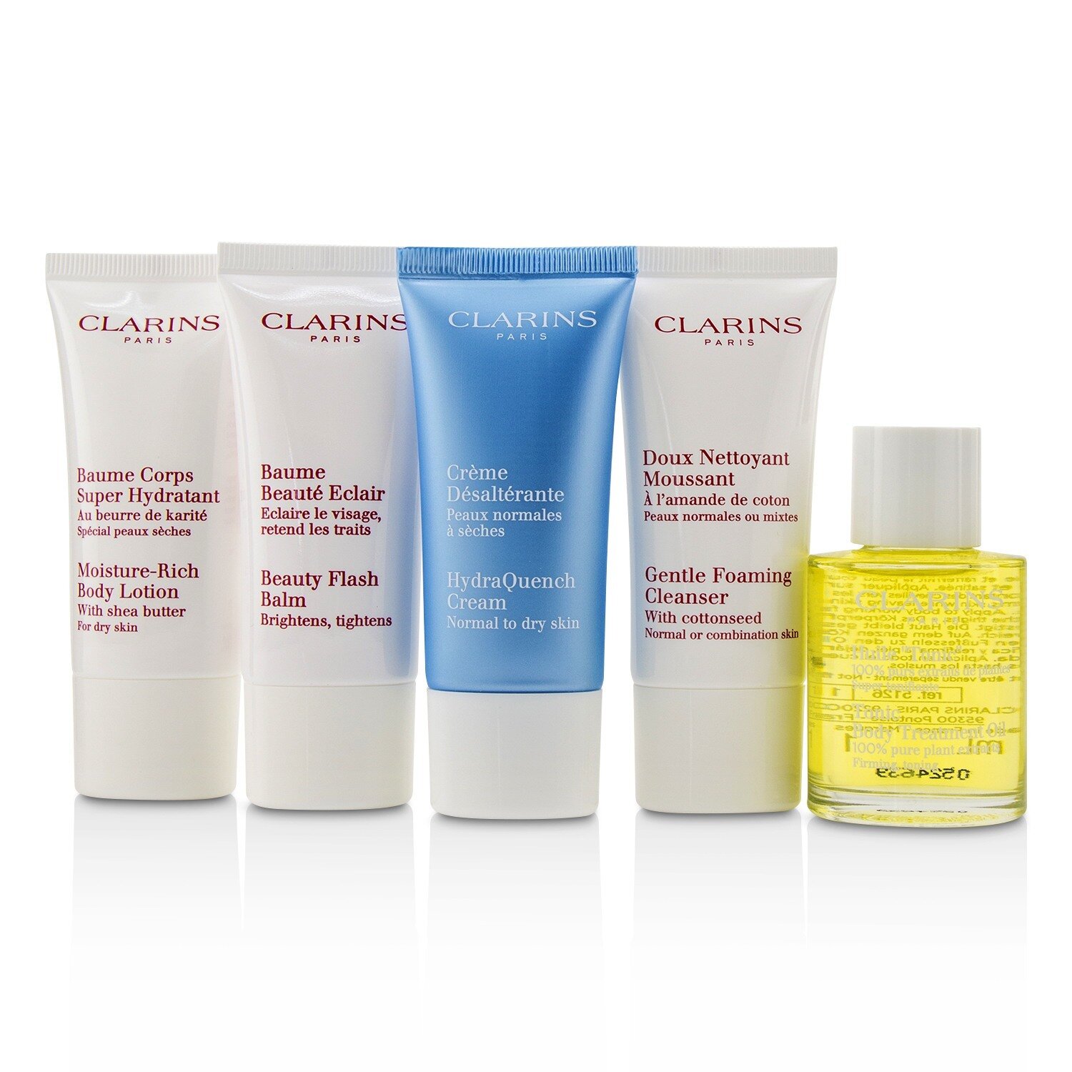 Clarins French Beauty Box: 1x Cleanser 30ml, 1x HydraQuench Cream 30ml, 1x Beauty Flash Balm 30ml, 1x Body Treatment Oil, 1x B/L 5pcs
