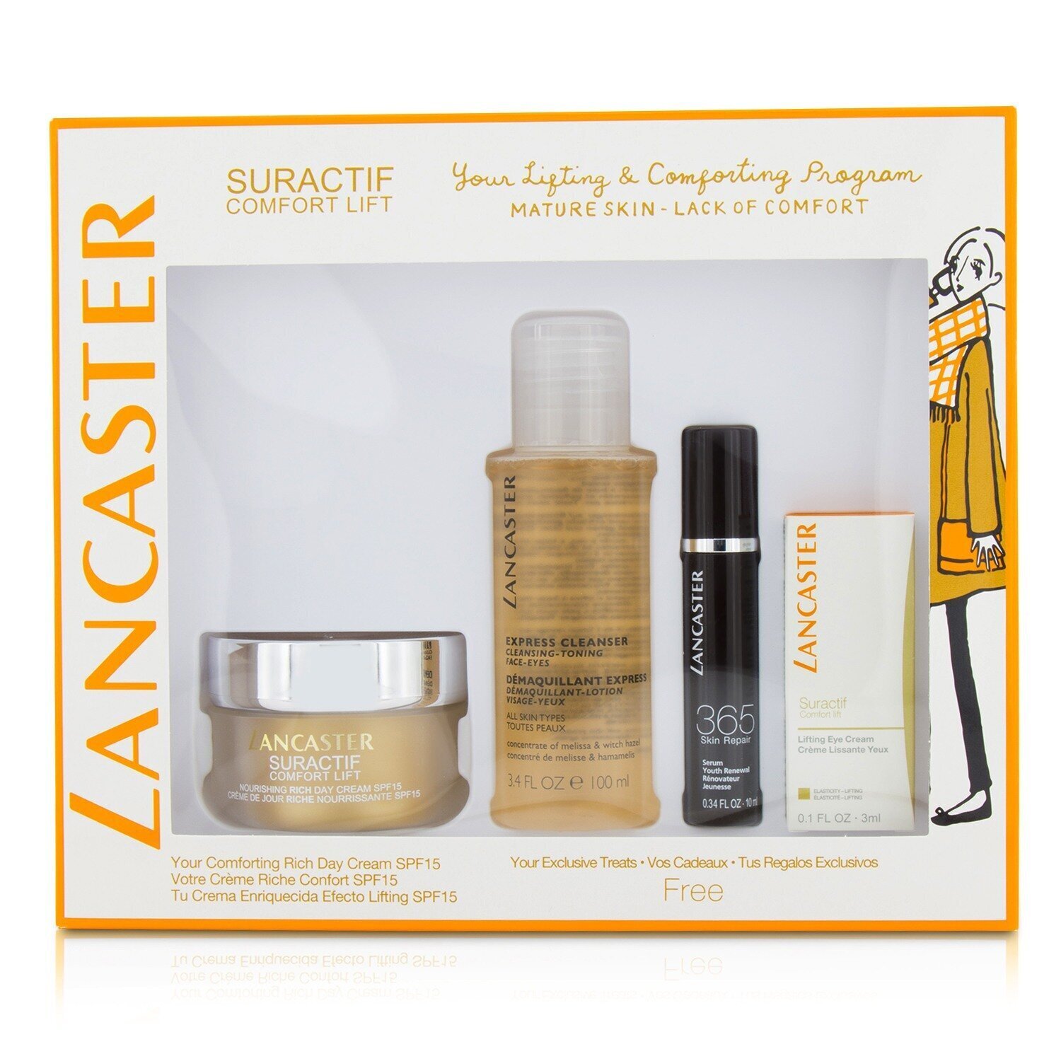 Lancaster Suractif Comfort Lift Rich Set: Rich Day Cream 50ml+ Serum Youth Renewal 10ml+ Lifting Eye Cream 3ml+ Express Cleanser 100ml 4pcs
