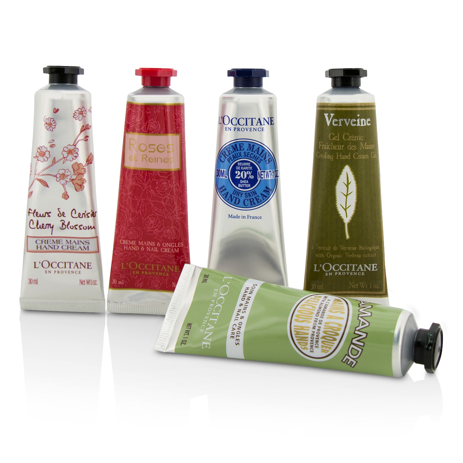 L'Occitane Hand Cream Collection Set: Cherry Blossom + Almond + Shea Butter + Rose + Verveine (Verbena) 5x30ml/1oz