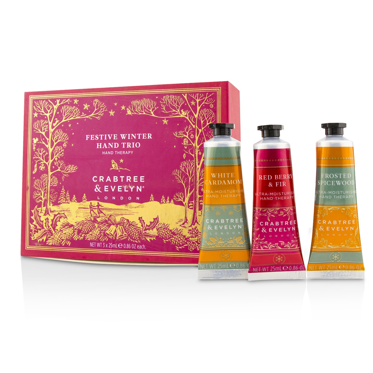 Crabtree & Evelyn Festive Winter Hand Trio (1x Frosted Spicewood, 1x White Cardamom, 1x Red Berry & Fir) 3x25ml/0.86oz
