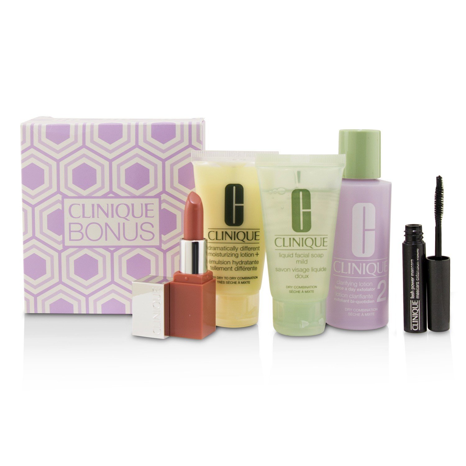 Clinique 3-Step Skin Care System (Hudtype 2): Liquid Facial Soap Mild + Clarifying Lotion 2 + DDML + Lash Power Mascara + Clinique Pop Lip 5pcs