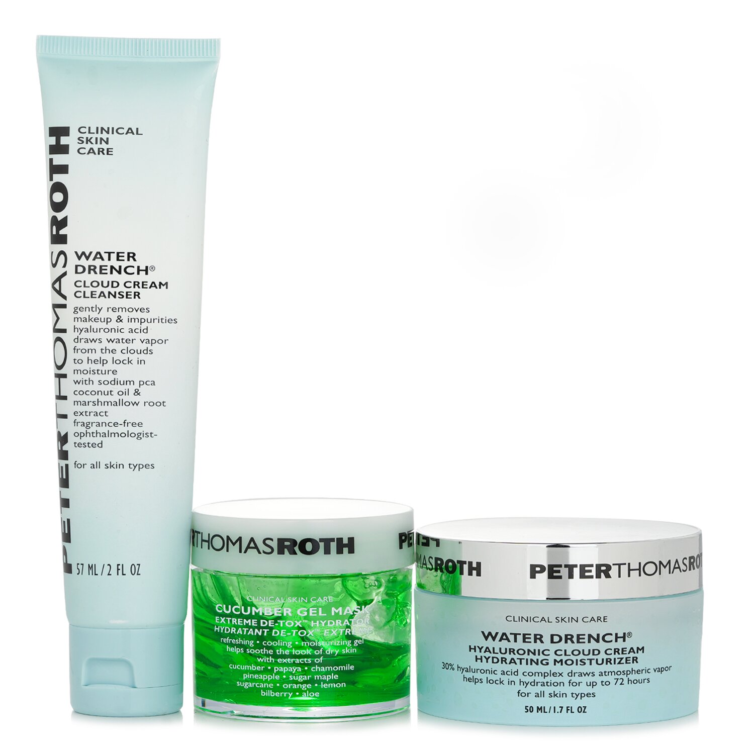 Peter Thomas Roth Soak It Up Kit: Water Drench Cloud Cream Moisturizer 50 ml + Water Drench Cloud Cream Cleanser 57 ml + Cucumber Gel Mask 50 ml 3pcs