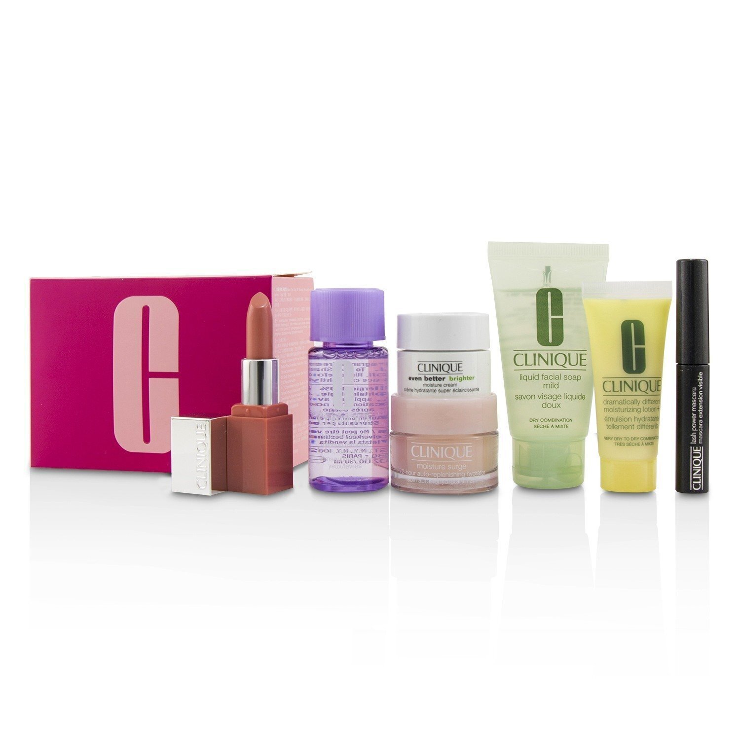 Clinique Travel Set: M/U Remover 30ml+Facial Soup 30ml+Moisture Surge 15ml+DDML 15ml+Moisture Cream 7ml+Mascara 2.5ml+Lip Color 2.3g 7pcs