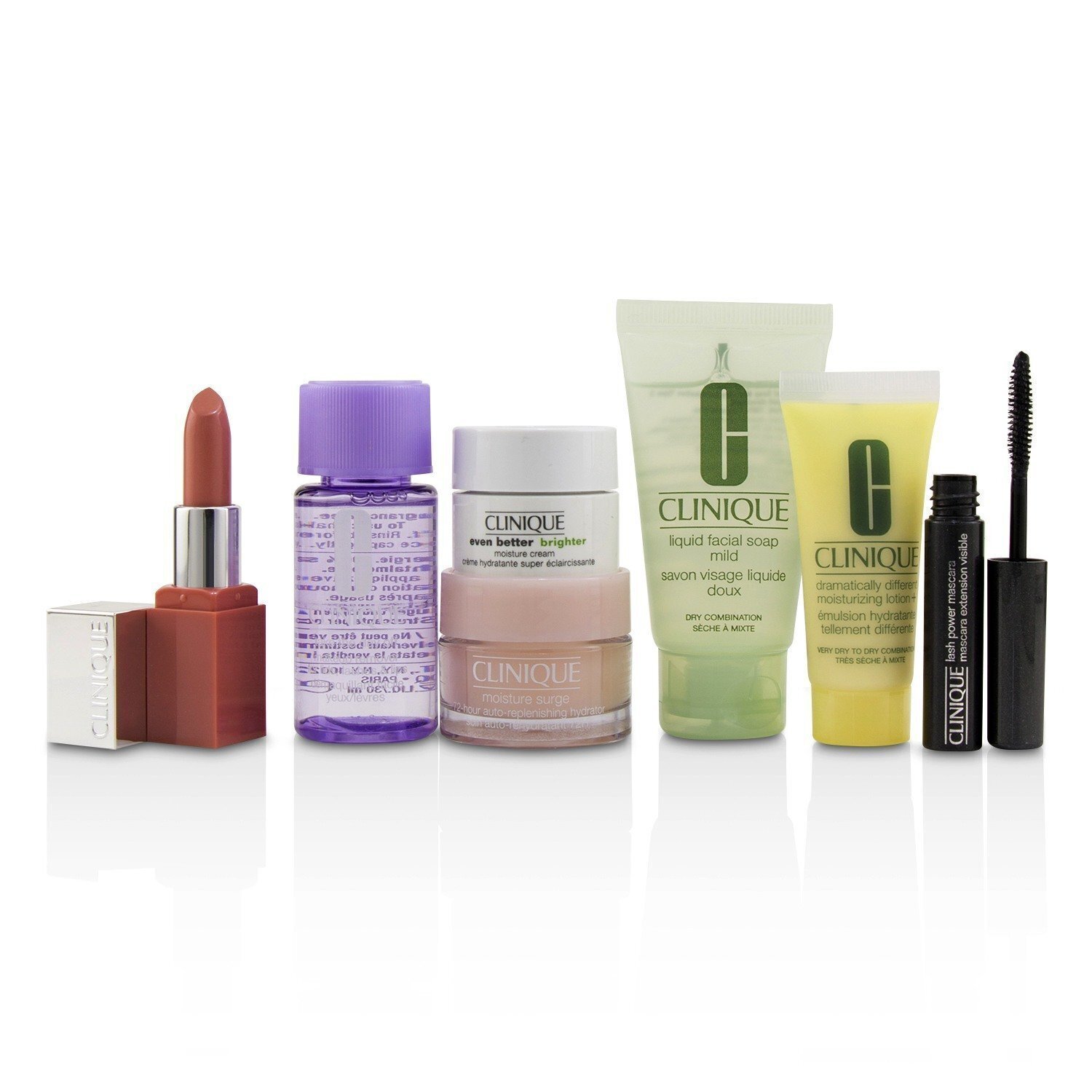 Clinique Travel Set: M/U Remover 30ml+Facial Soup 30ml+Moisture Surge 15ml+DDML 15ml+Moisture Cream 7ml+Mascara 2.5ml+Lip Color 2.3g 7pcs