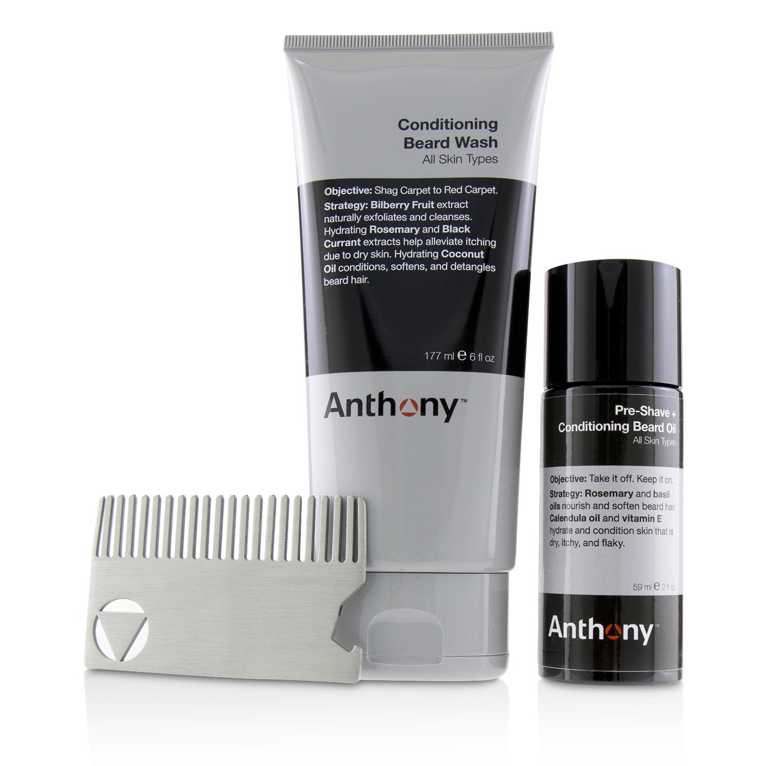 Anthony Beard Basics Kit: 1x Conditioning Beard Wash 177ml, 1x Pre-Shave + Conditioning Beard Oil 59ml, 1x Beard Comb 3pcs