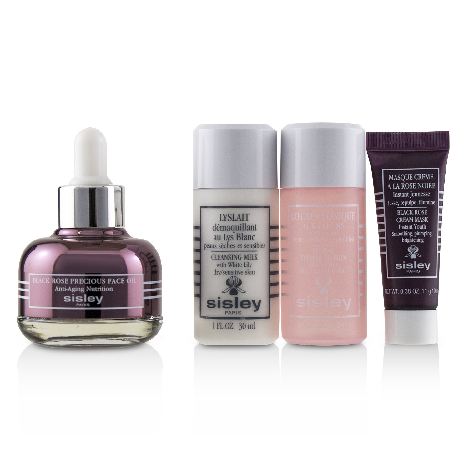 Sisley Black Rose Precious Face Oil Discovery Program: Aceite Facial 25ml + Lyslait 30ml + Loción Tonificante Floral 30ml + Mascarilla en Crema 10ml 4pcs