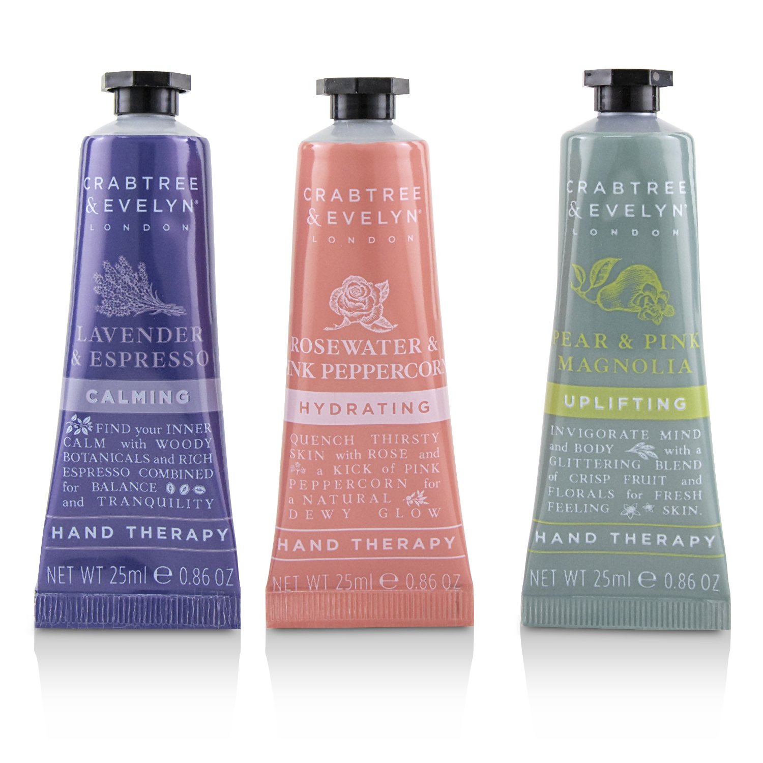 Crabtree & Evelyn Floral Hand Therapy Trio (1x Pear & Pink Magnolia, 1x Rosewater & Pink Peppercorn, 1x Lavender & Espresso) 3x25ml/0.86oz