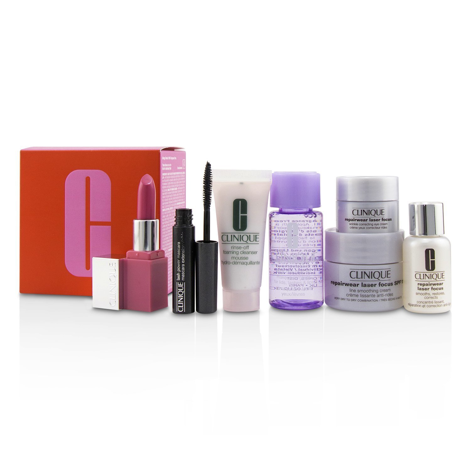 Clinique Zestaw podróżny Travel Set:M/U Remover+Foaming Cleanser+Repairwear Laser Focus +Repairwear Cream SPF15+Repairwear Eye Cream+Mascara+Lip Color 7pcs
