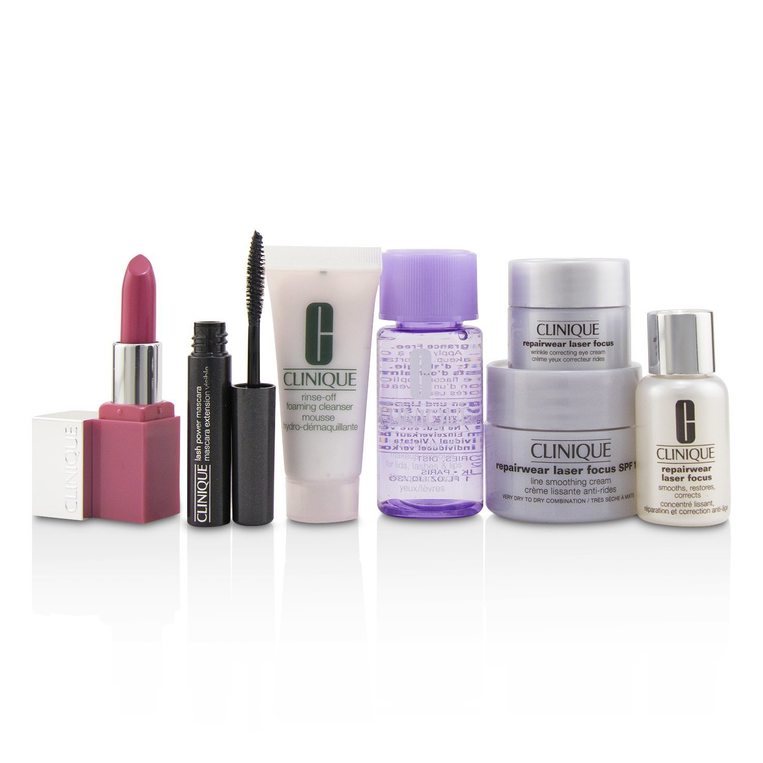 Clinique Zestaw podróżny Travel Set:M/U Remover+Foaming Cleanser+Repairwear Laser Focus +Repairwear Cream SPF15+Repairwear Eye Cream+Mascara+Lip Color 7pcs