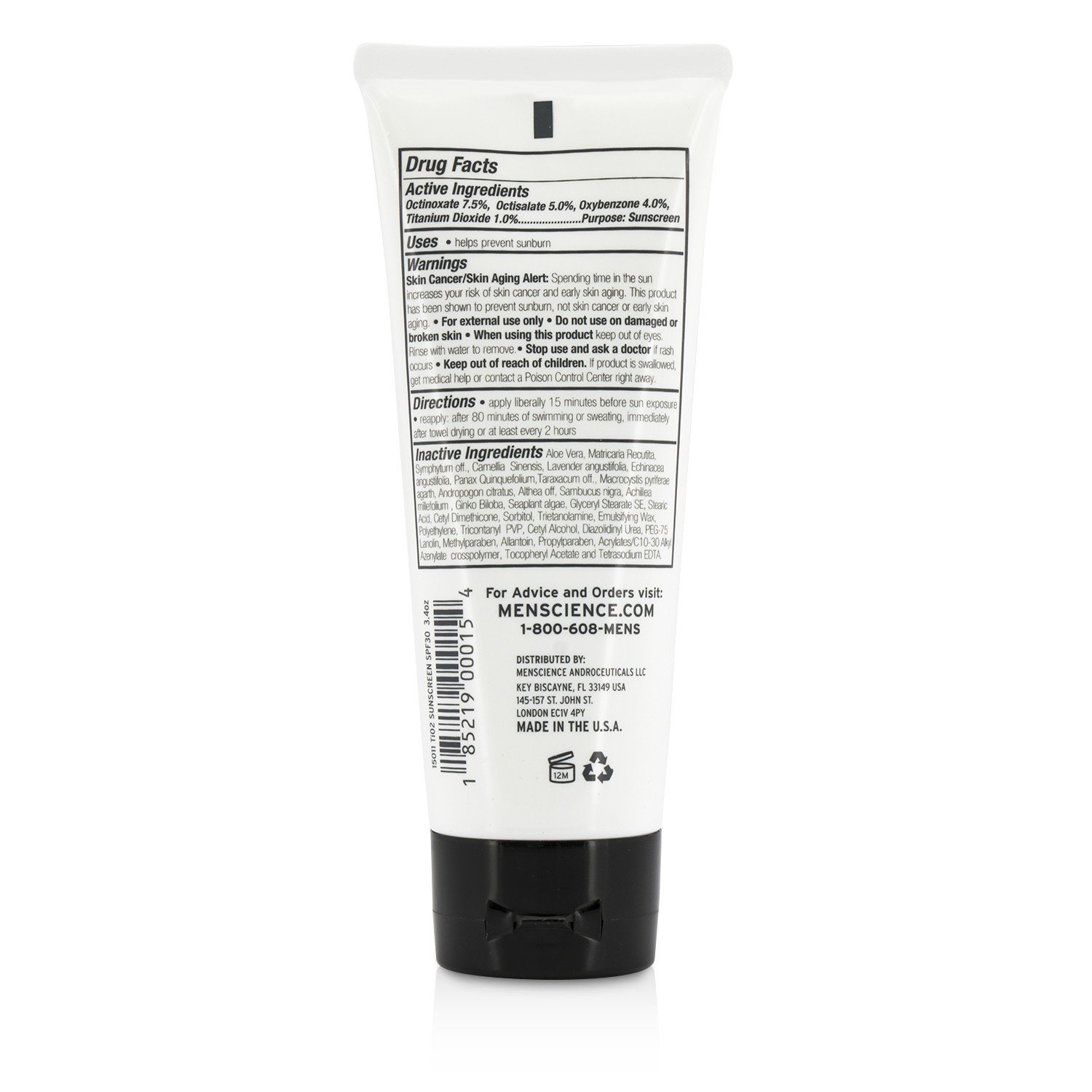 Menscience TiO2 Sun Block SPF 30 Waterproof 100ml/3.4oz