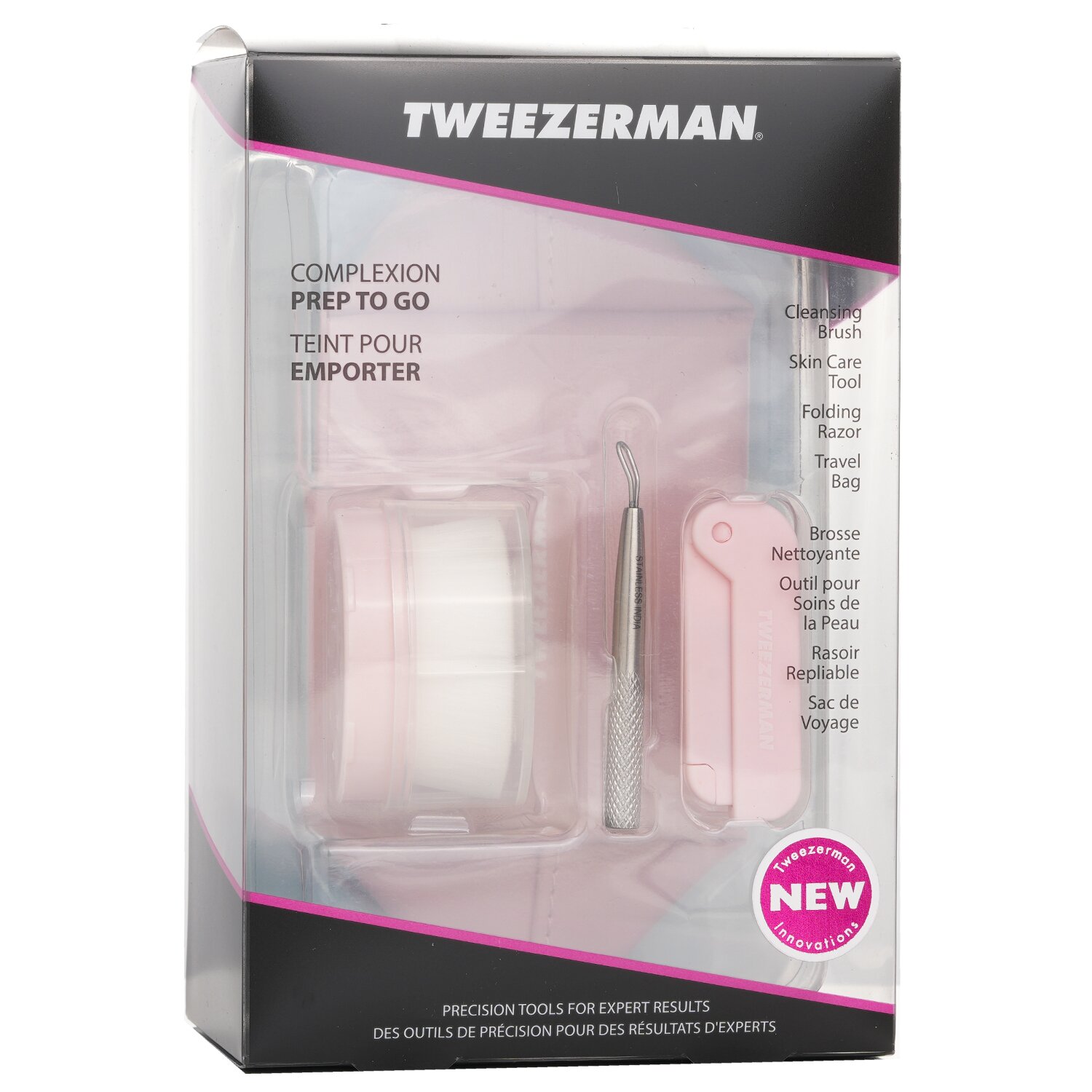 Tweezerman Complexion Prep To Go Set: Cleansing Brush + Skin Care Tool + Folding Razor + Travel Bag 3pcs + 1 Bag