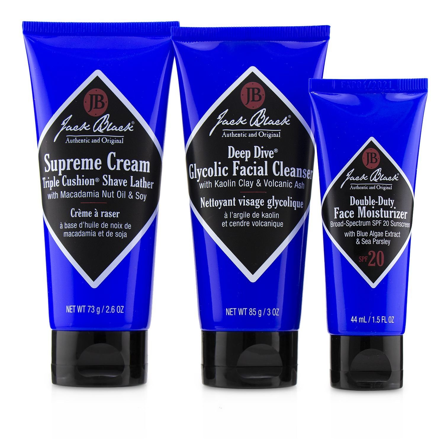 Jack Black Shave Essentials Kit: Deep Dive Glycolic Facial Cleanser + Supreme Cream Triple Cushion Shave Lather + Double Duty Face Moisturizer SPF20 3pcs+1Bag