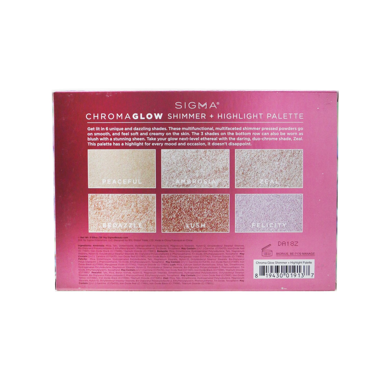 Sigma Beauty ChromaGlow Shimmer + Highlight Palette (6x Highlighter) פלטת היילייטרים ושימר 28.14g/0.99oz