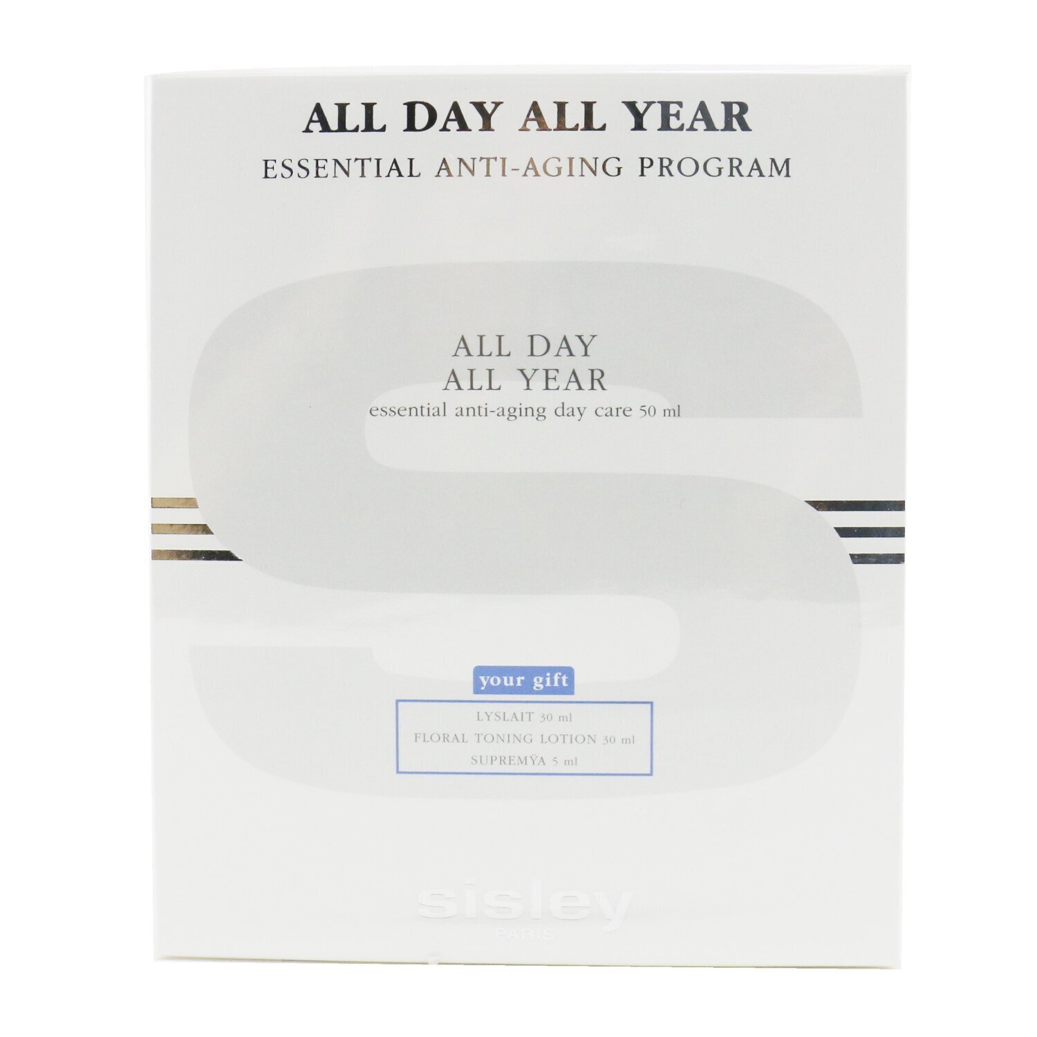 Sisley برنامج مقاومة آثار التقدم بالسن الأساسية All Day All Year: All Day All Year 50مل + حليب منظف 30مل + غسول تونر زهري 30مل + Supremya At Night 5مل 4pcs