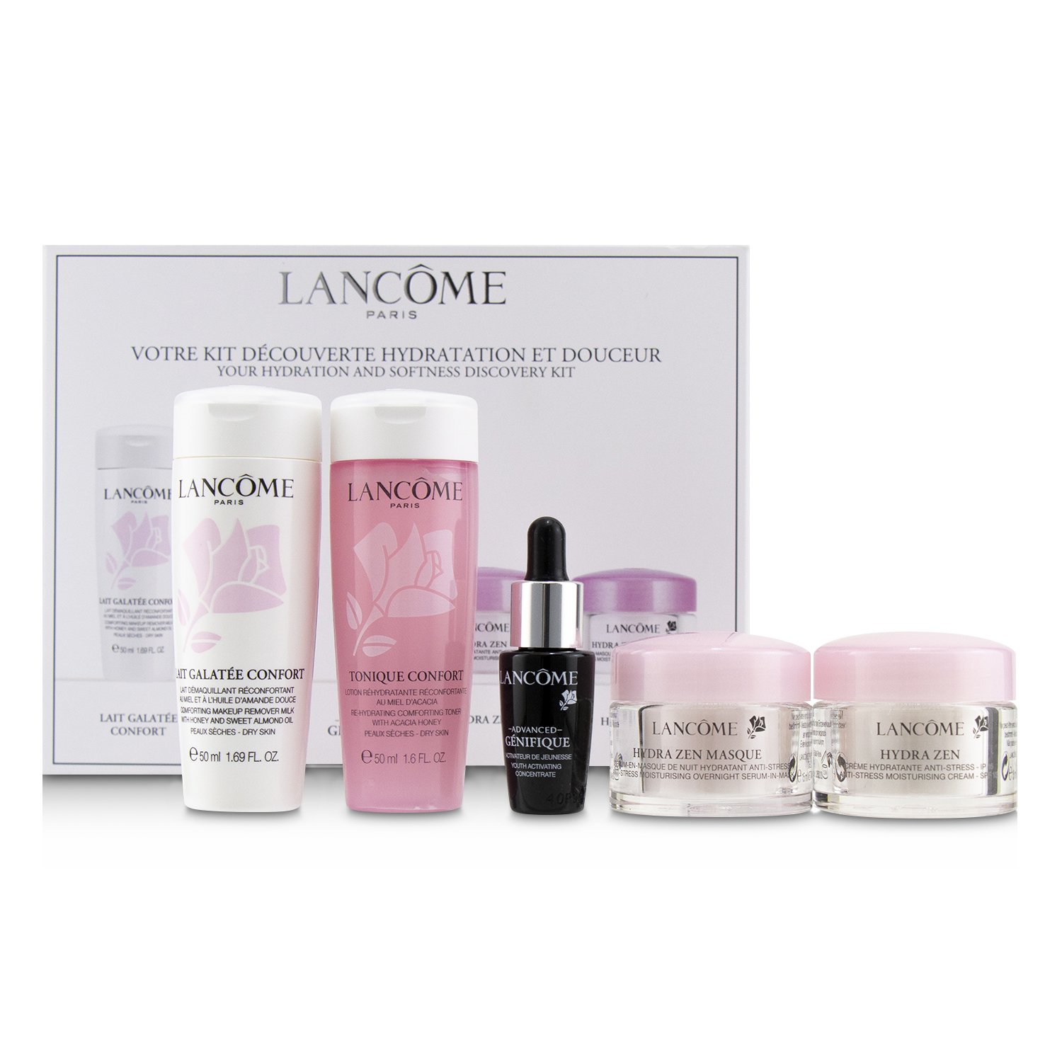 Lancome Your Hydration & Softness Discovery Kit: Confort Galatee+Confort Tonique+Genifique Concentrate+Hydra Zen Cream+Hydra Zen Mask 5pcs