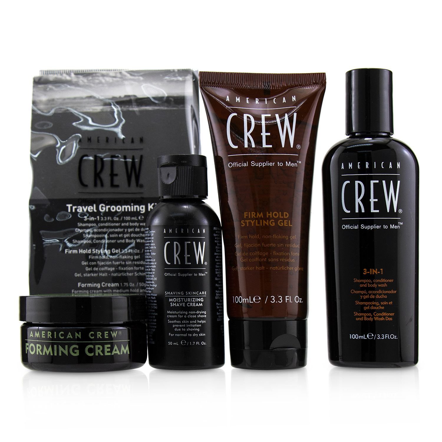 American Crew Kit de Aseo de Viaje: Champú 3-en-1, Acondicionador & Gel de Ducha 100ml + Crema de Ageitar 50ml + Gel de Peinar 100ml + Crema Espumosa 50g 4pcs+1bag