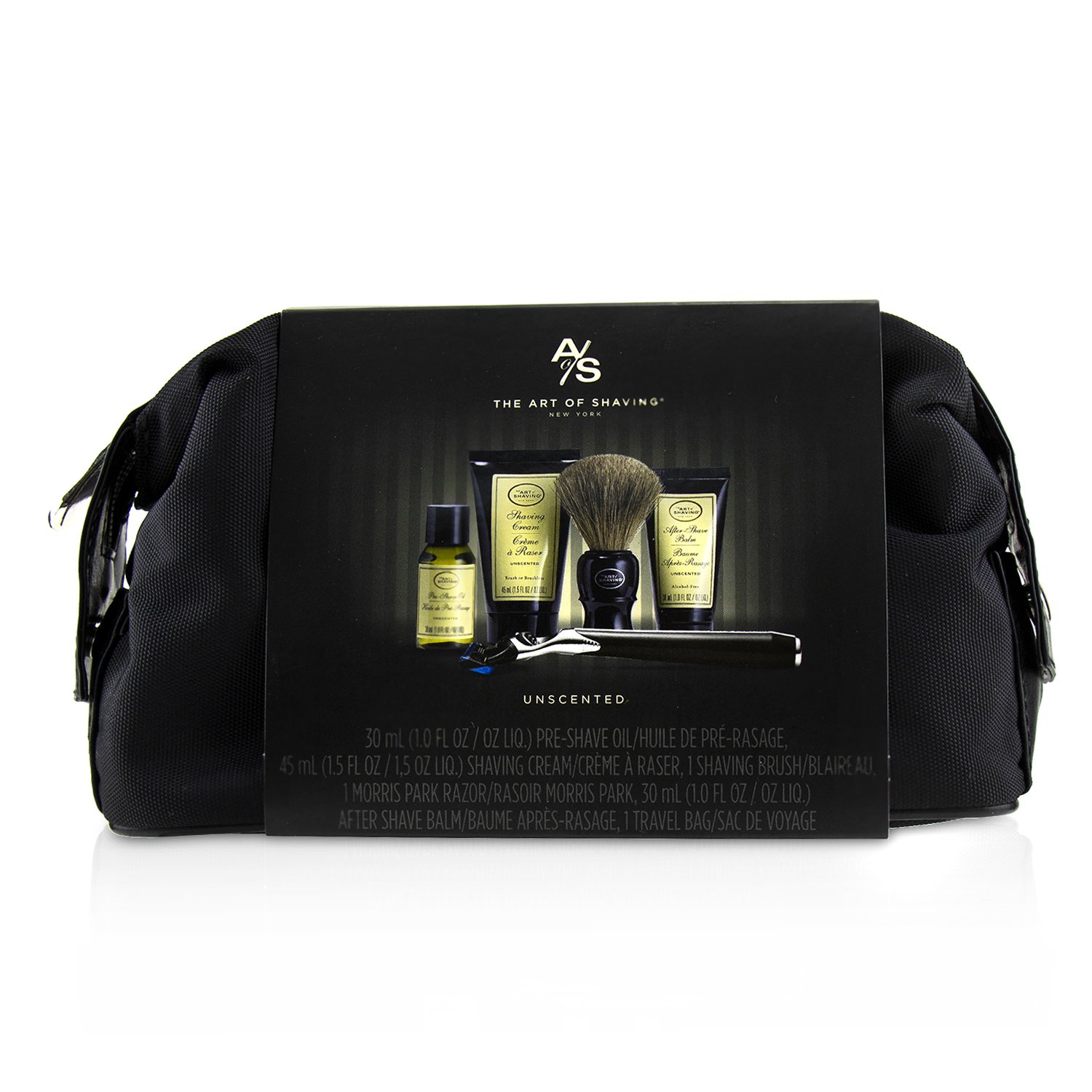The Art Of Shaving مجموعة الحلاقة المثالية The Four Elements of The Perfect Shave مع محفظة - غير معطر: زيت قبل الحلاقة + كريم حلاقة + بلسم بعد الحلاقة + فرشاة + شفرة 5pcs+1Bag