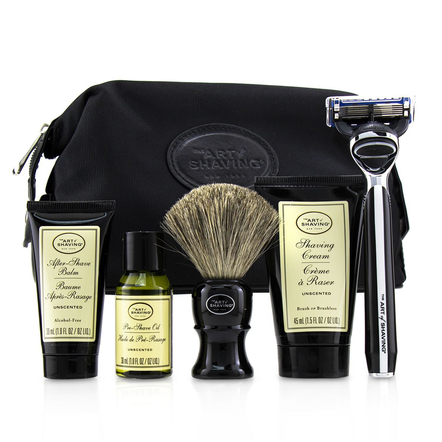 The Art Of Shaving مجموعة الحلاقة المثالية The Four Elements of The Perfect Shave مع محفظة - غير معطر: زيت قبل الحلاقة + كريم حلاقة + بلسم بعد الحلاقة + فرشاة + شفرة 5pcs+1Bag