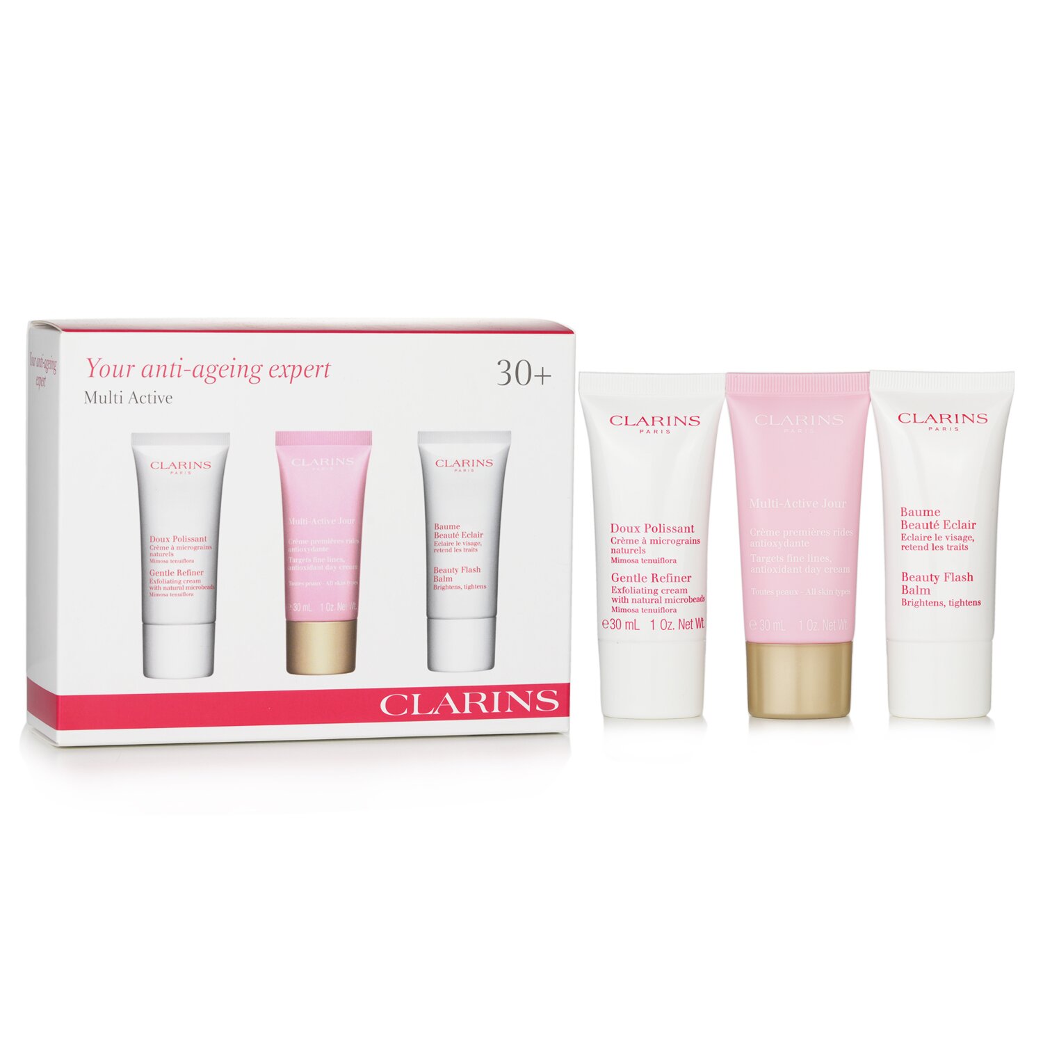 Clarins Multi-Active 30+ Anti-Ageing Skincare Set: Gentle Refiner 30 מ&quot;ל + Multi-Active Day Cream 30 מ&quot;ל + Beauty Flash Balm 30 מ&quot;ל 3pcs
