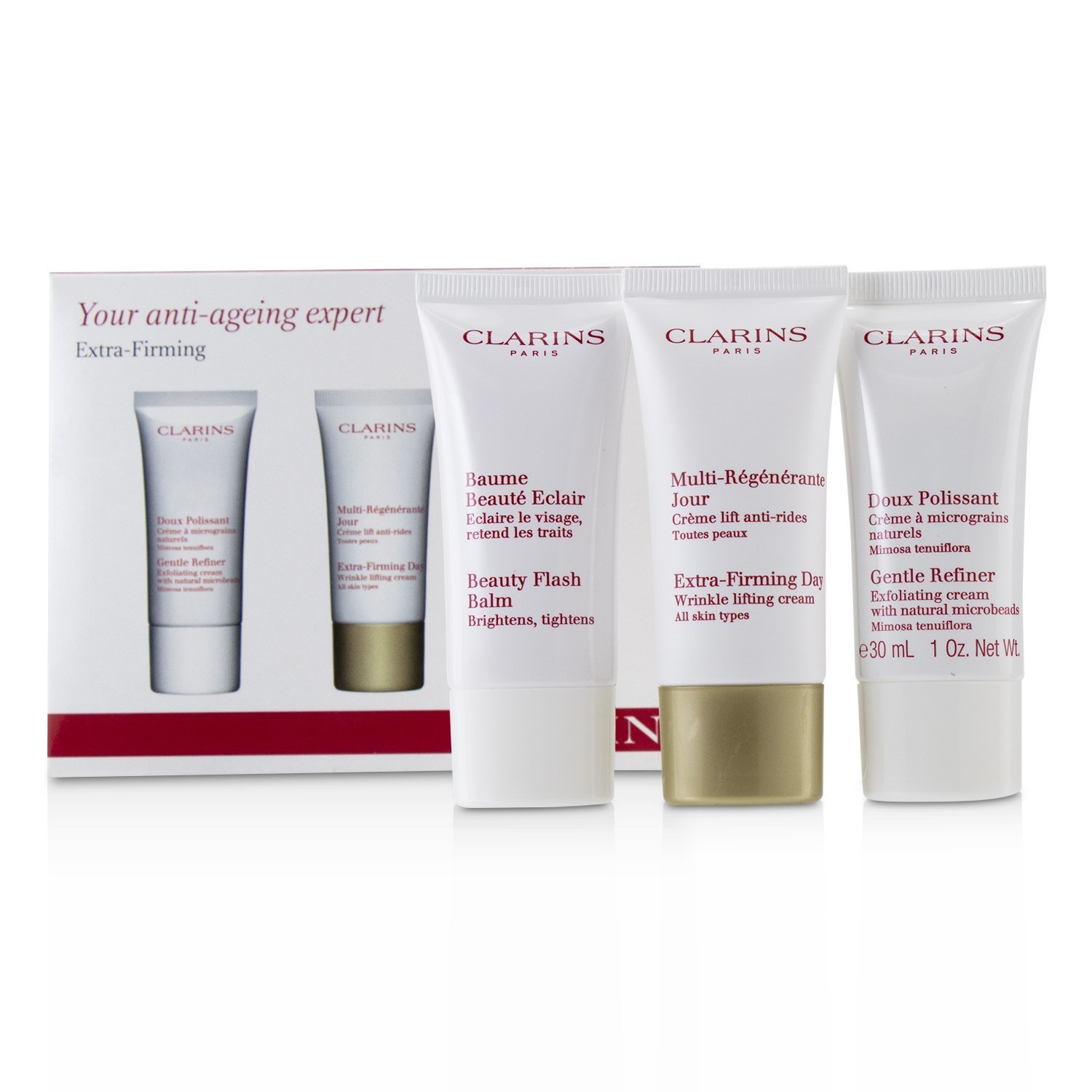 Clarins Extra-Firming 40+ Anti-Ageing Skincare Set:Gentle Refiner 30ml +Extra-Firming Day Cream 30ml+ Beauty Flash Balm 30ml 3pcs