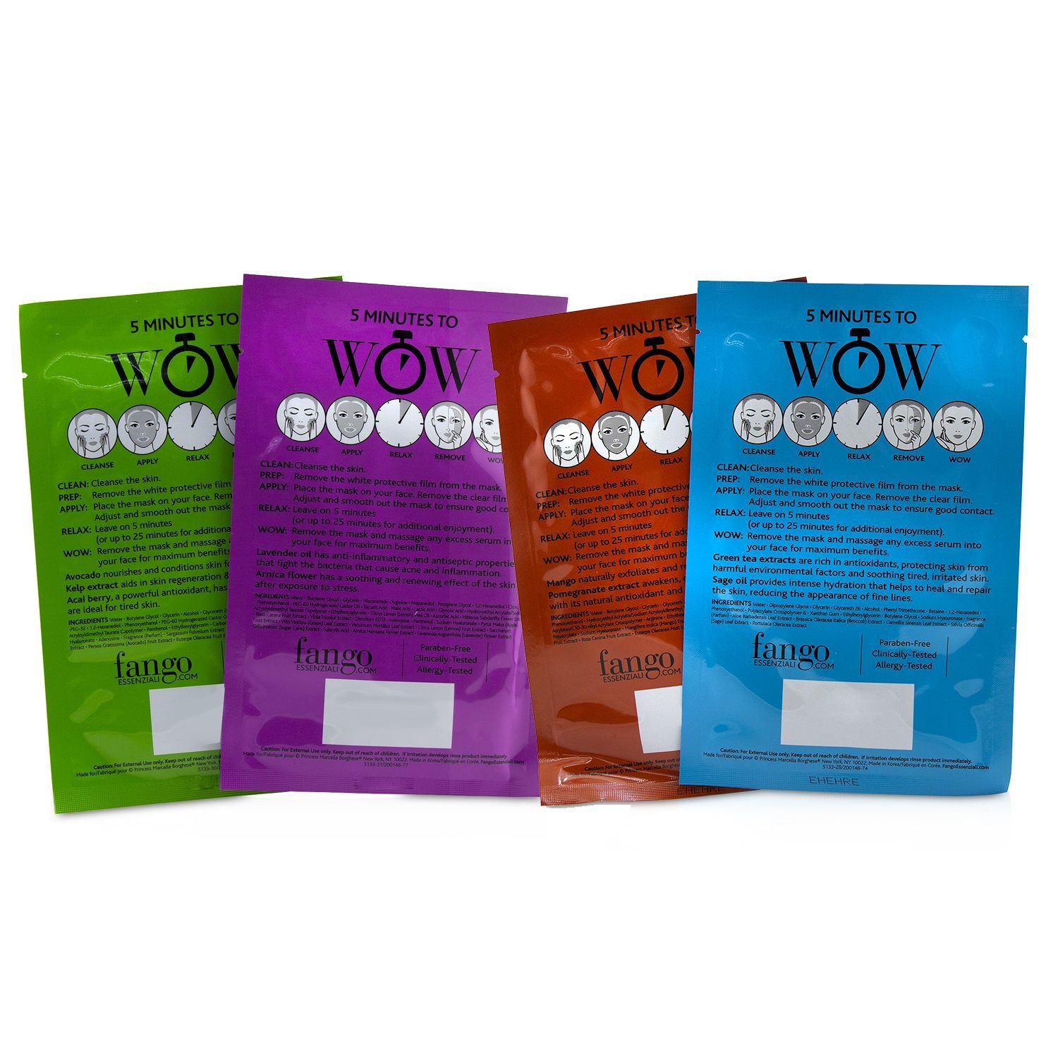 Borghese Fango Essenziali Treatment Sheet Mask Box Set (1x Moisturize Mask, 1x Purify Mask, 1x Calm Mask, 1x Energize Mask) 4x25ml/0.83oz